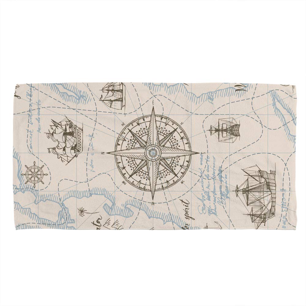 Premium Terry Cotton Face Towel & Washcloth Set - Soft, Quick-Dry 30x15 Inch Bath Towels for Spa, Hotel & Kitchen Use - Retro Map Design Home Decor Gift