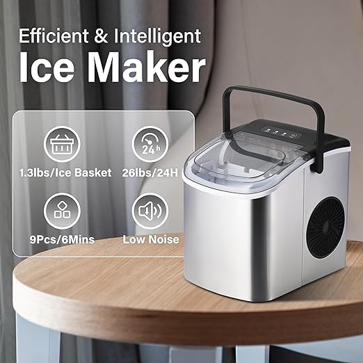 Simple Deluxe Countertop Ice Maker Machine - 6 Mins Fast Ice Making, 9 Bullet Ice Cubes, 26lbs Daily Output, 13.7lbs Capacity, Self-Cleaning with Handle & Accessories (Basket, Spoon) - Perfect for Home, Office, Parties & Outdoor Gatherings - Silver