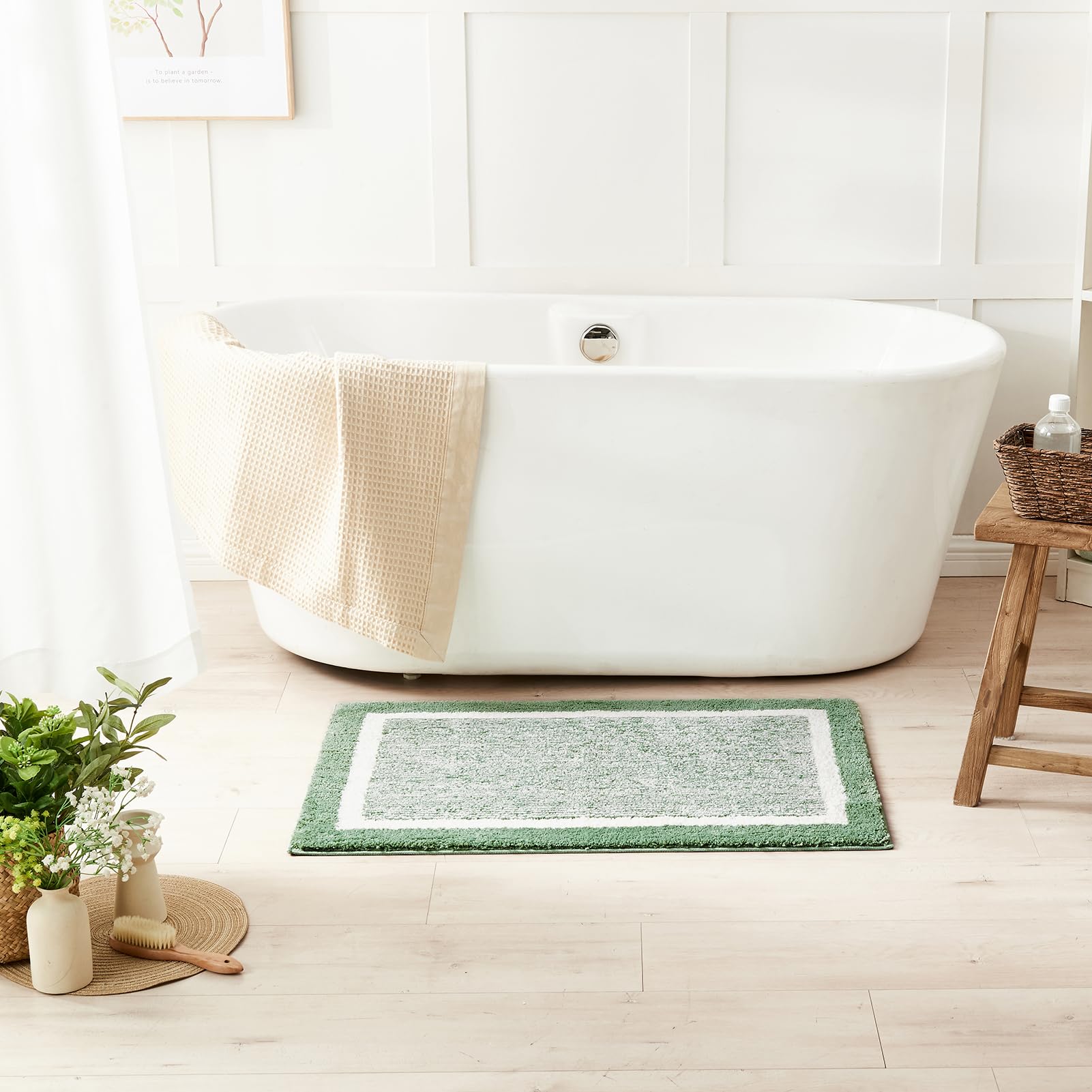 Non-Slip Fluffy Shaggy Bath Mat - Ultra Soft Absorbent Microfiber Bathroom Rug for Shower, Sink & Kitchen - Washable Sage Green Bath Mat 16