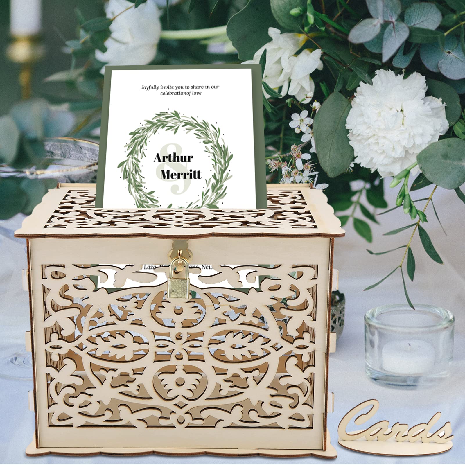 Natural Wood Wedding Card Box with Hollow Design & Lock - Foldable DIY Gift Box for Weddings, Anniversaries, Graduations, Baby Showers & Birthdays | Perfect for Ceremony Card Collection & Party Decor