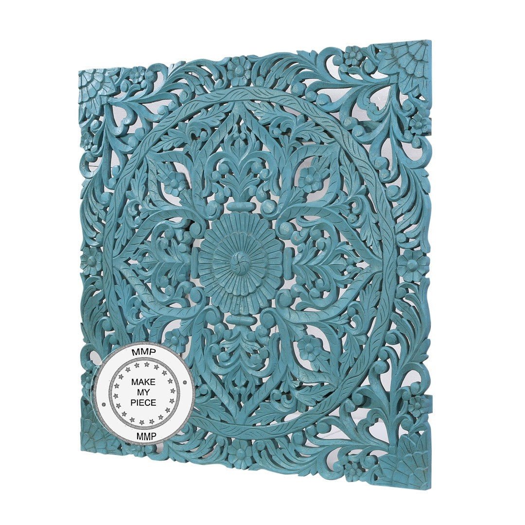 Hand Carved Indian Solid Wood Panel Bedhead in Blue - Traditional Dynasty Design for Bedroom Decor | Perfect for Master Bedroom, Guest Room & Bohemian Style Homes