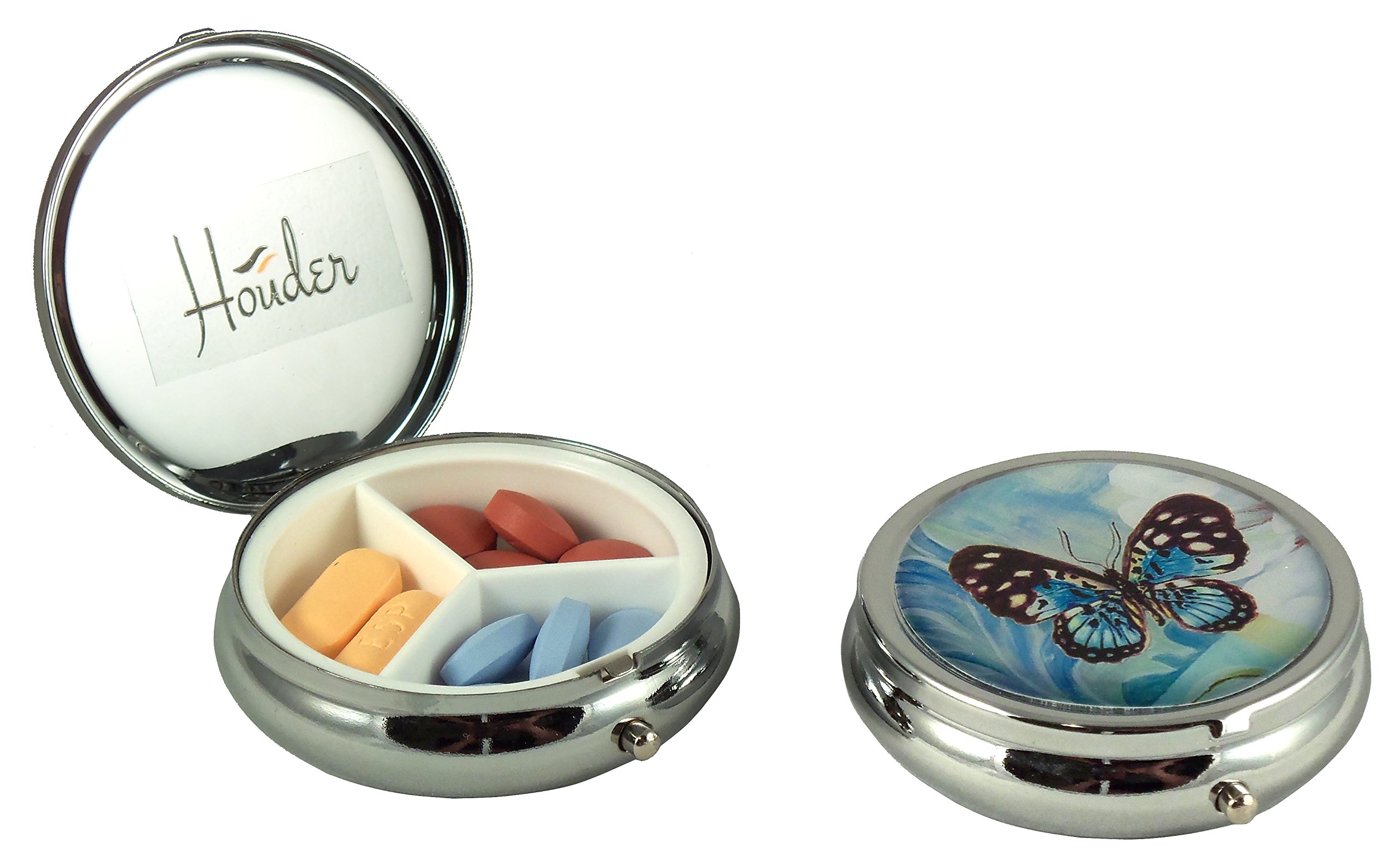 Houder Designer Pill Organizer - Stylish Decorative Pill Case with Gift Box, Portable Medication Holder (Blue Butterfly) - Perfect for Travel, Daily Use & Gifts