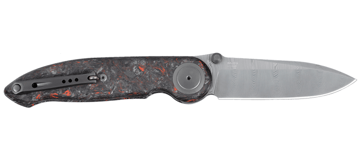 CRKT 4011 Pursue Michael Walker Liner Lock Folding Knife - Twist Damasteel Drop Point Blade, Contoured Red Dark Matter FatCarbon Handles & Mother of Pearl Pivot - Perfect for EDC, Camping, Hunting and Outdoor Adventures