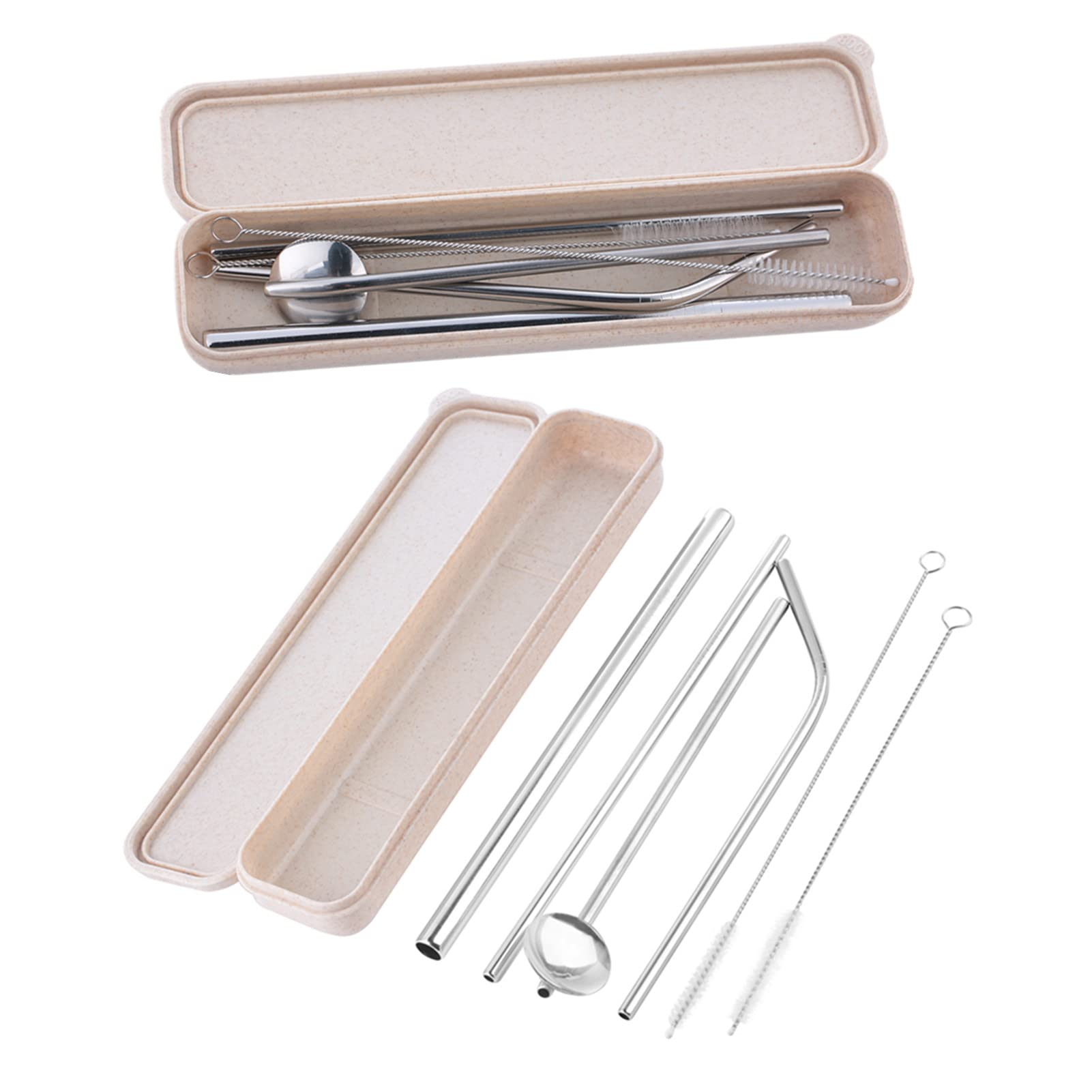 7-Piece Reusable Stainless Steel Drinking Straws Set - 2 Pack with Straight & Bent Straws + Spoon for Smoothies, Iced Coffee, Cocktails at Home, Bar or Travel