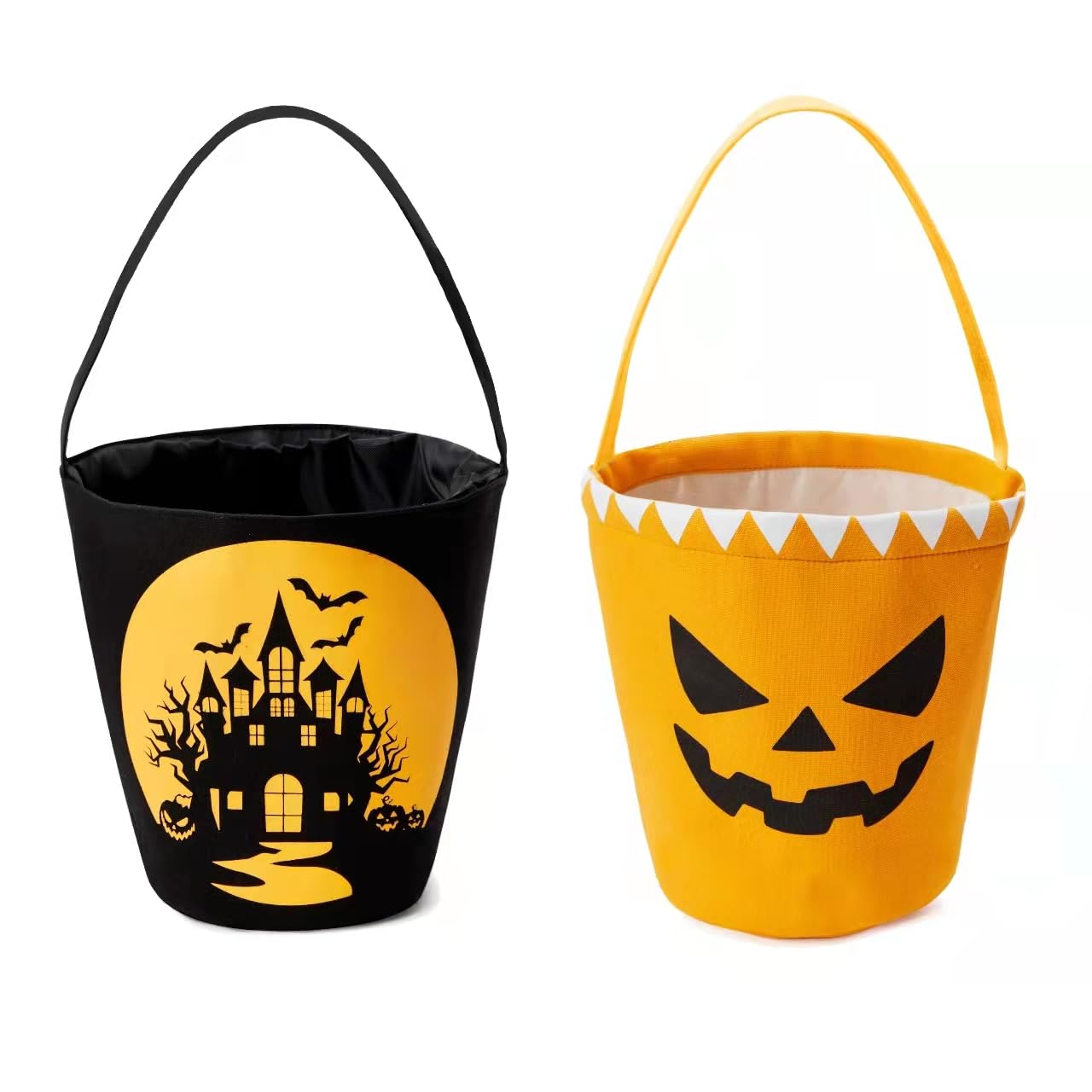 2 Pack Halloween Trick or Treat Buckets - Pumpkin Face Candy Baskets with Handle for Halloween Party Favors, Decorations & Trick or Treating (Castle/Pumpkin Face) - Perfect for Halloween Parties, Classroom Treats & Neighborhood Candy Collection
