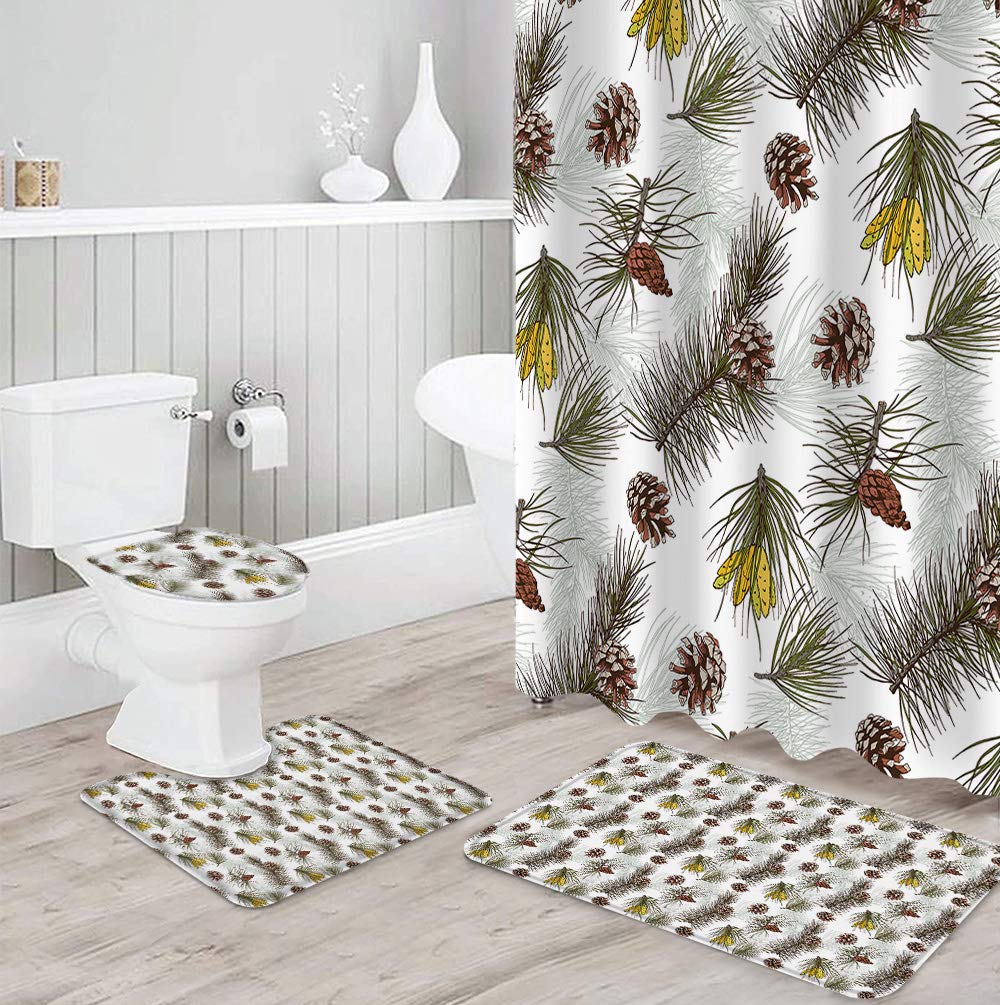 4-Piece Pinecone Christmas Shower Curtain Set - Waterproof Fabric Bathroom Decor with Non-Slip Rugs, Toilet Lid Cover & Bath Mat (66x72 Inch, White & Green) - Perfect for Holiday Bathroom Makeover & Festive Home Decor