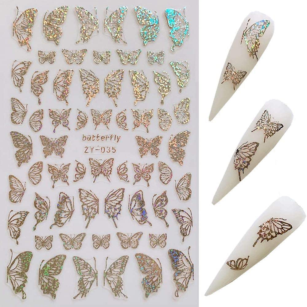 3D Luxury Butterfly Nail Art Stickers - Gold Laser Design Nail Decals for Acrylic Nails (8 Sheets) | DIY Manicure, Nail Salon Supplies, Party & Wedding Nail Art Accessories