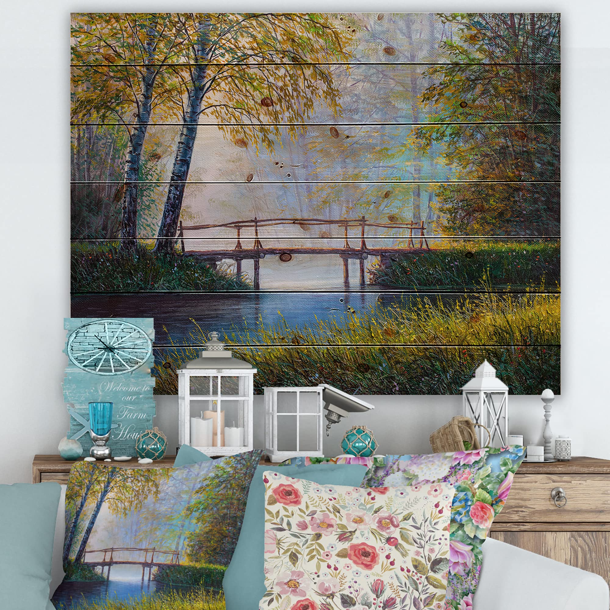 Morning Sunlight & Spring Forest Lake House Wood Wall Decor - Large Green Landscape Pine Wood Art Panel - Perfect for Living Room, Bedroom & Office Decor
