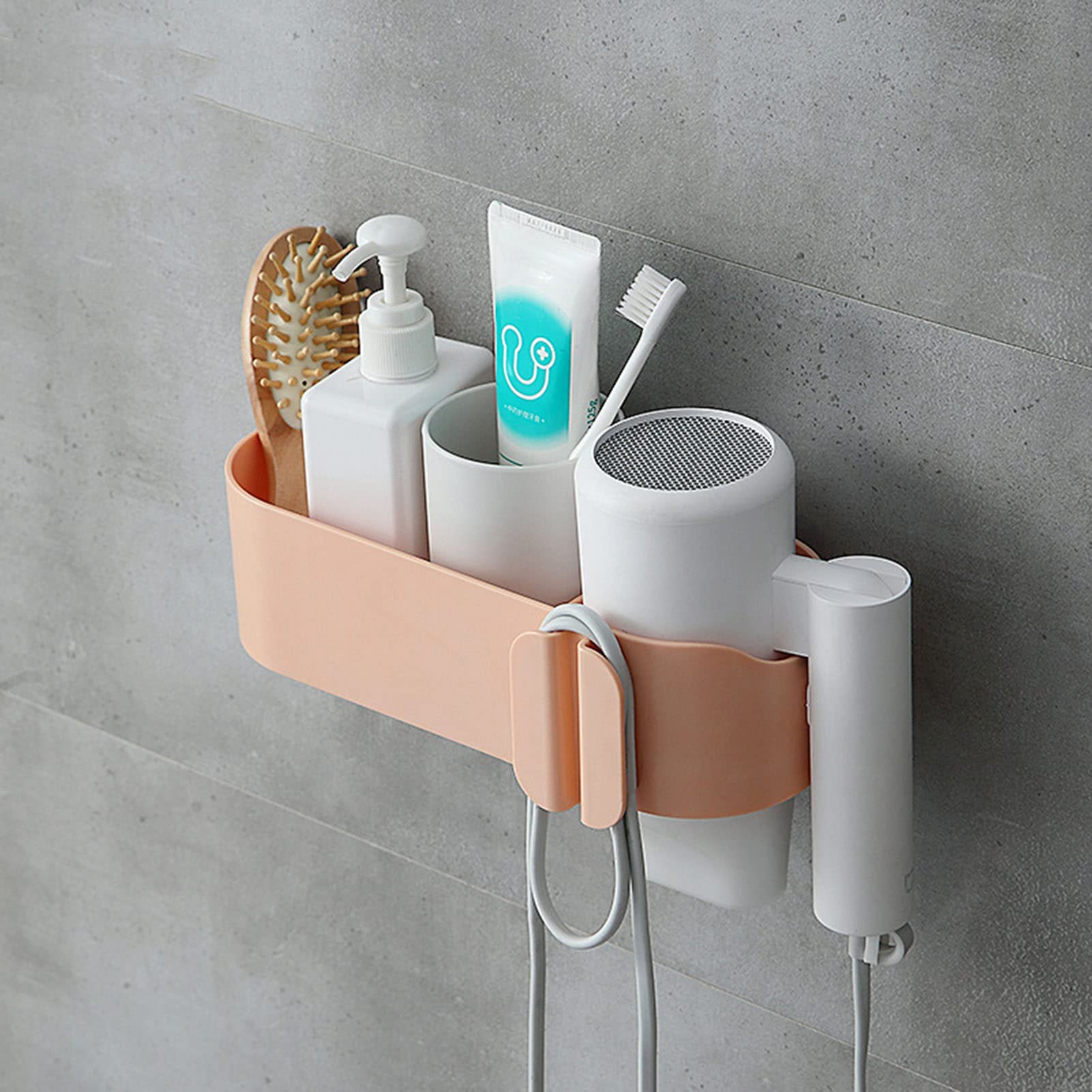 Multifunctional No-Drill Bathroom Hair Dryer Holder & Organizer - Waterproof Bath Shelf Tray for Styling Tools & Accessories, Pink | Perfect for Small Bathrooms & Vanity Organization