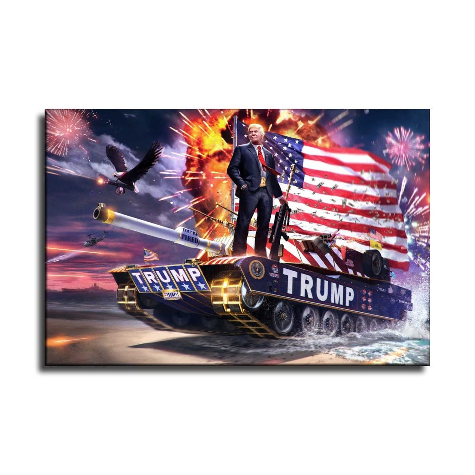 Donald Trump Tank Fireworks Canvas Wall Art - Patriotic Decor for Living Room & Bedroom - 24x36 Inches (60x90cm) - Perfect for Home Office, Man Cave, or Political Enthusiast Gifts