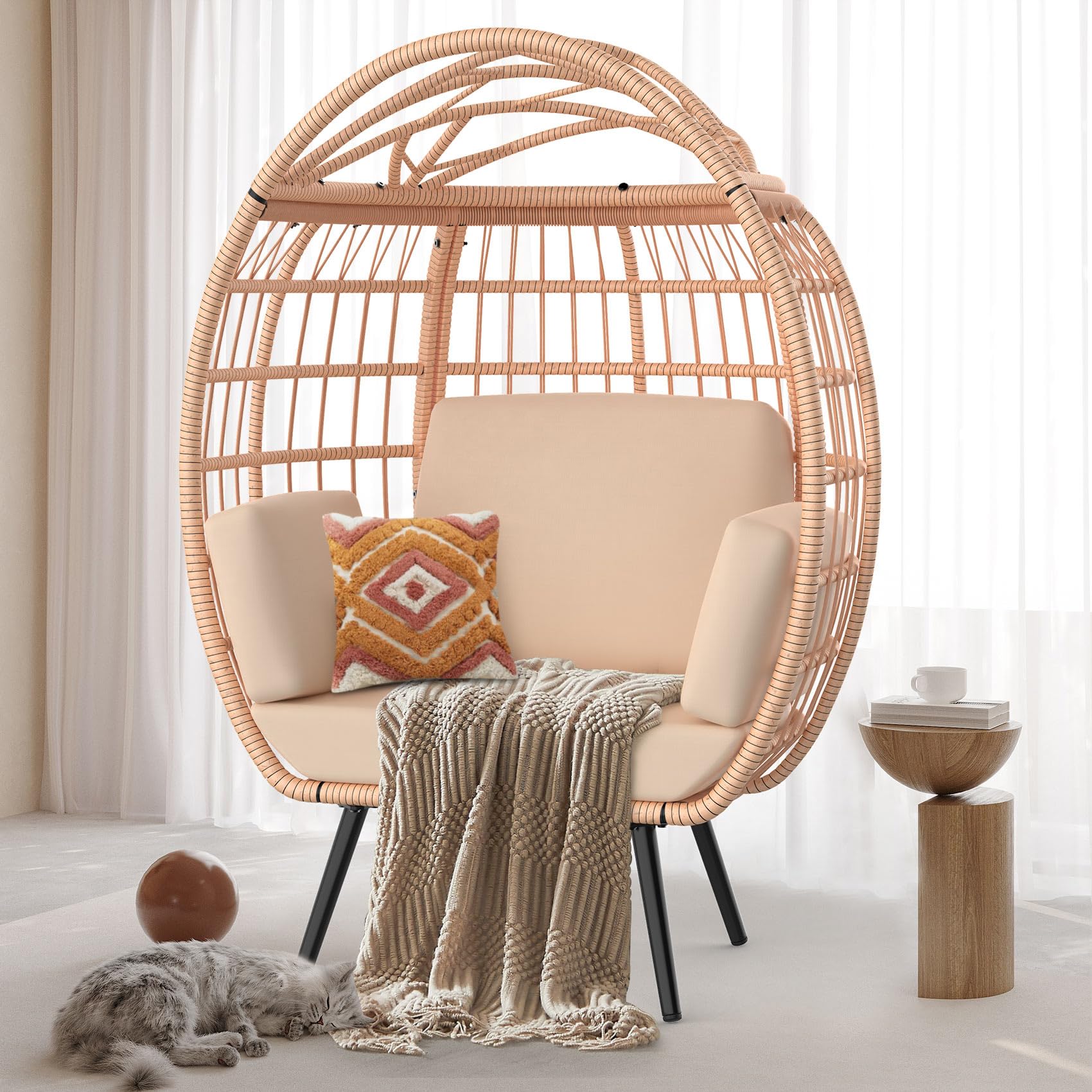 ZENPETIO Oversized Egg Chair - Indoor Outdoor Lounger with 4 UV Resistant Cushions & Storage Bag, All-Weather Wicker Hanging Egg Chair for Patio, Backyard, Living Room - 370lbs Weight Capacity (Brown) | Perfect for Relaxing, Reading & Sunbathing in Your Garden or Balcony