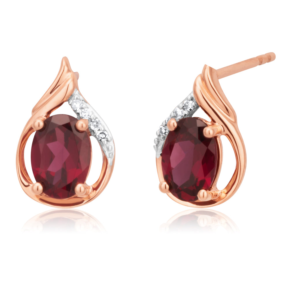 9ct Rose Gold 7x5mm Oval Rhodolite Garnet and Diamond Stud Earrings for Women - Elegant Gift for Anniversary, Birthday & Special Occasions