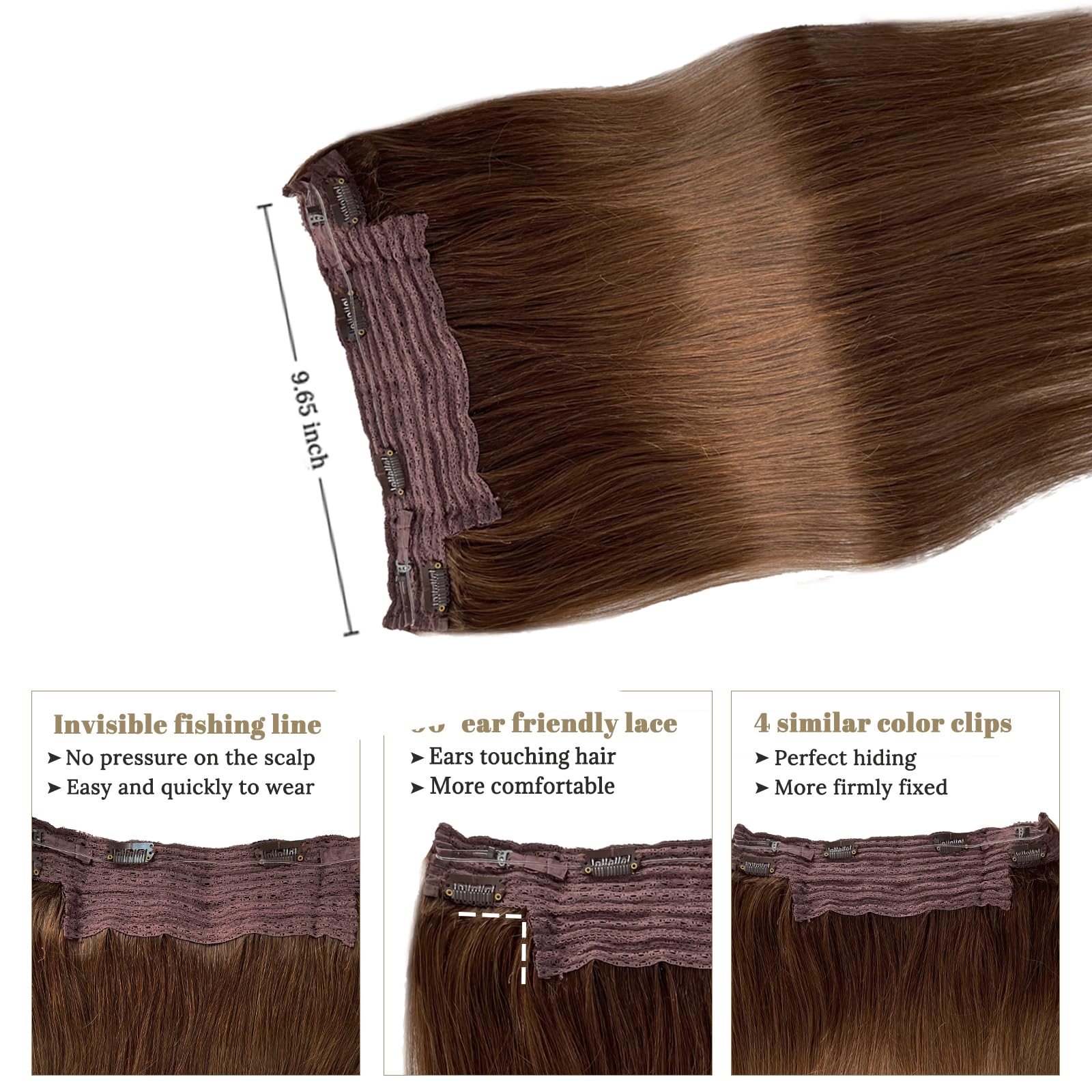 Halos 22 Inch 100g Medium Brown Human Hair Extensions with Invisible Wire - Remy Human Hair with Natural Highlights - Perfect for Daily Wear, Parties & Special Occasions