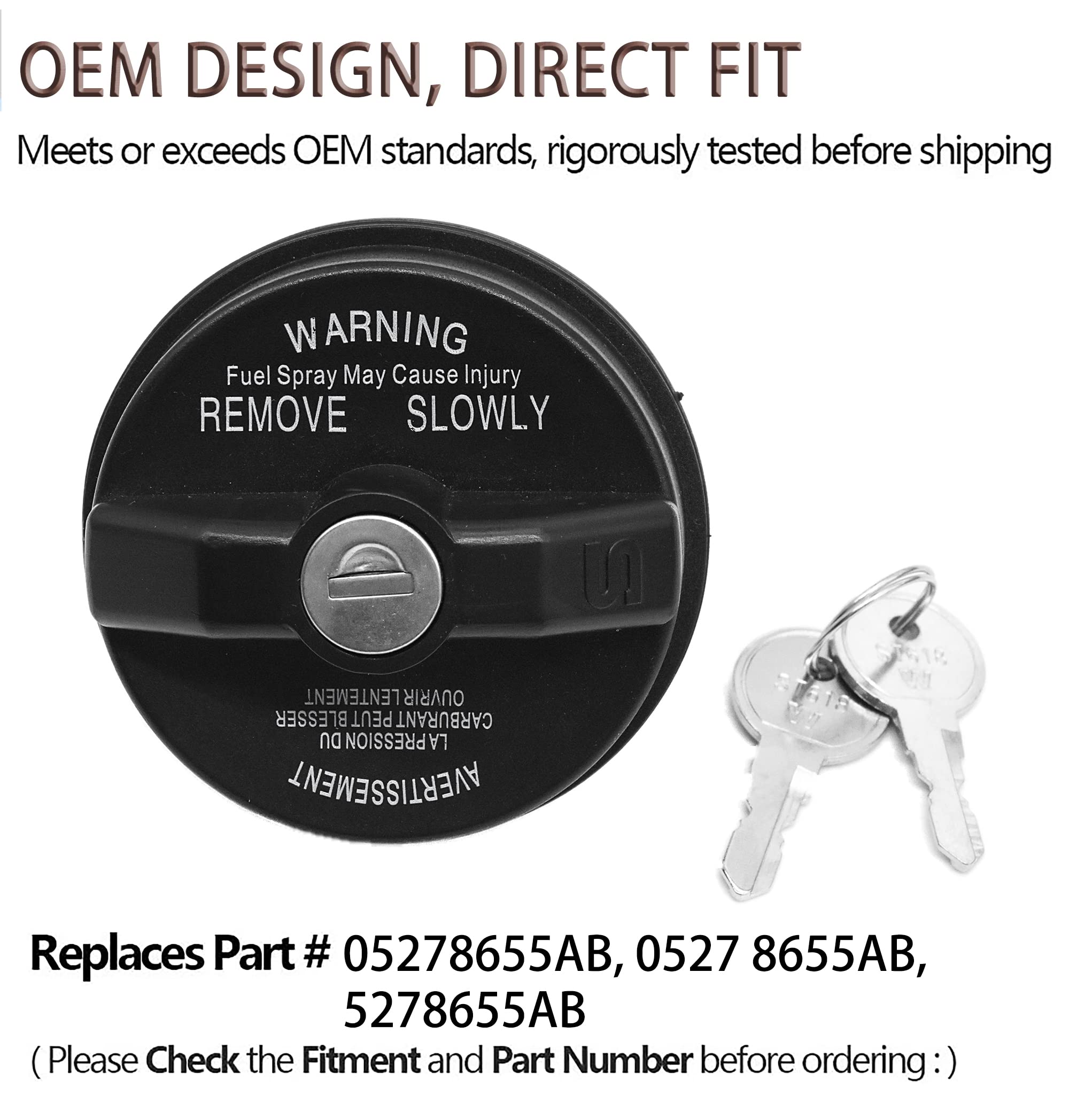 FOXSEON Locking Gas Cap - Compatible with Dodge Ram 1500, Challenger, Grand Caravan, Cherokee, Wrangler TJ LJ JK JKU JL JLU JT - Replaces OEM 05278655AB, 5278655AB - Anti-Theft Fuel Tank Security for Parking & Road Trips