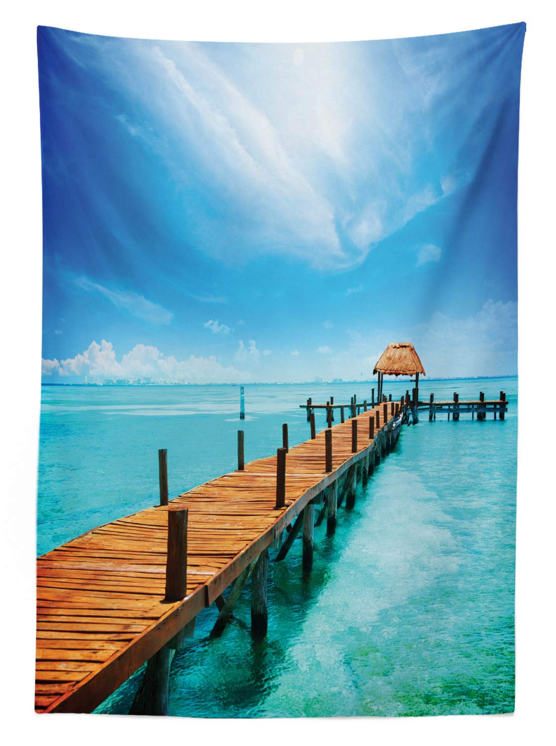 Ambesonne Tropical Outdoor Tablecloth - Hawaiian Wooden Pier Design, Ocean Themed Washable Picnic Table Cover, 58