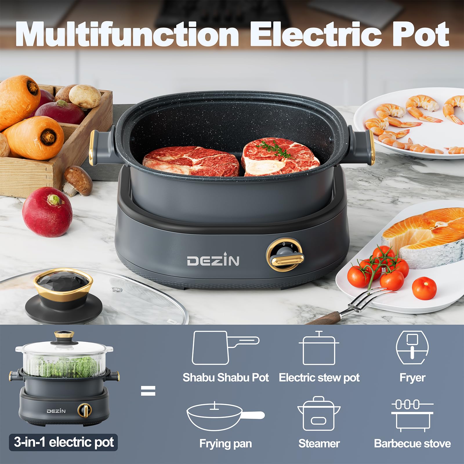 Electric Shabu Shabu Hot Pot with Removable 3L Non-Stick Pot, Steamer & Grill - 3-in-1 Multi-Cooker with Dual Power Control for Home, Party & Family Gatherings | Perfect for Asian Cooking, Hot Pot Nights & Entertaining Guests