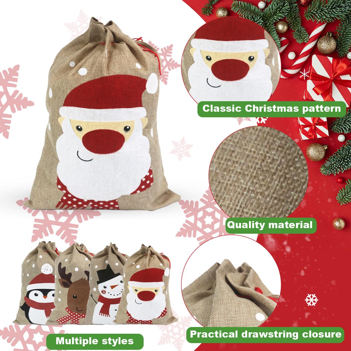 4 Pack Christmas Gift Bags with Drawstring - 13.8