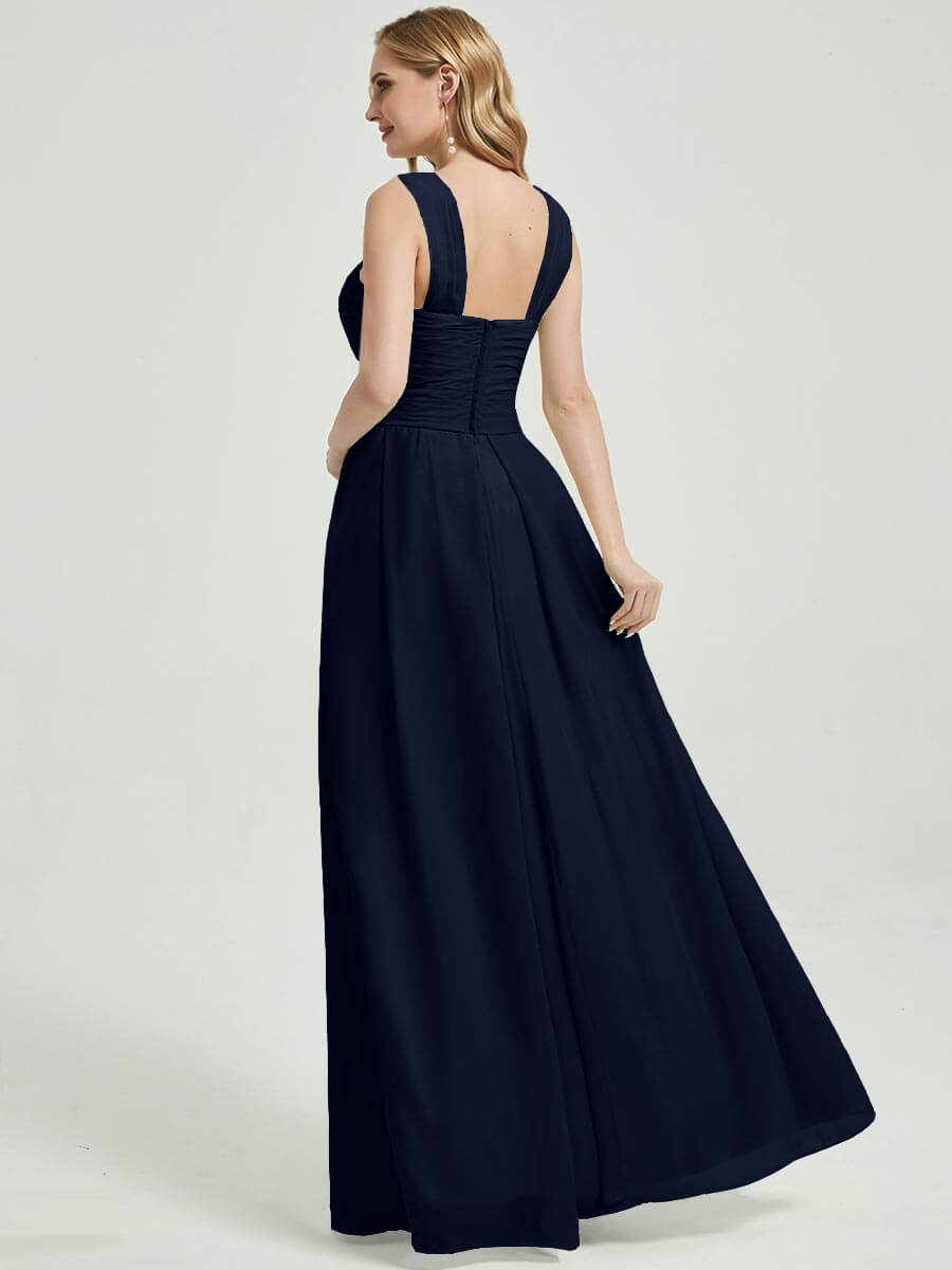 Elegant Dark Navy Cross Neck A-Line Floor Length Chiffon Bridesmaid Dress for Weddings & Formal Events - Perfect for Bridal Party, Evening Galas, and Special Occasions