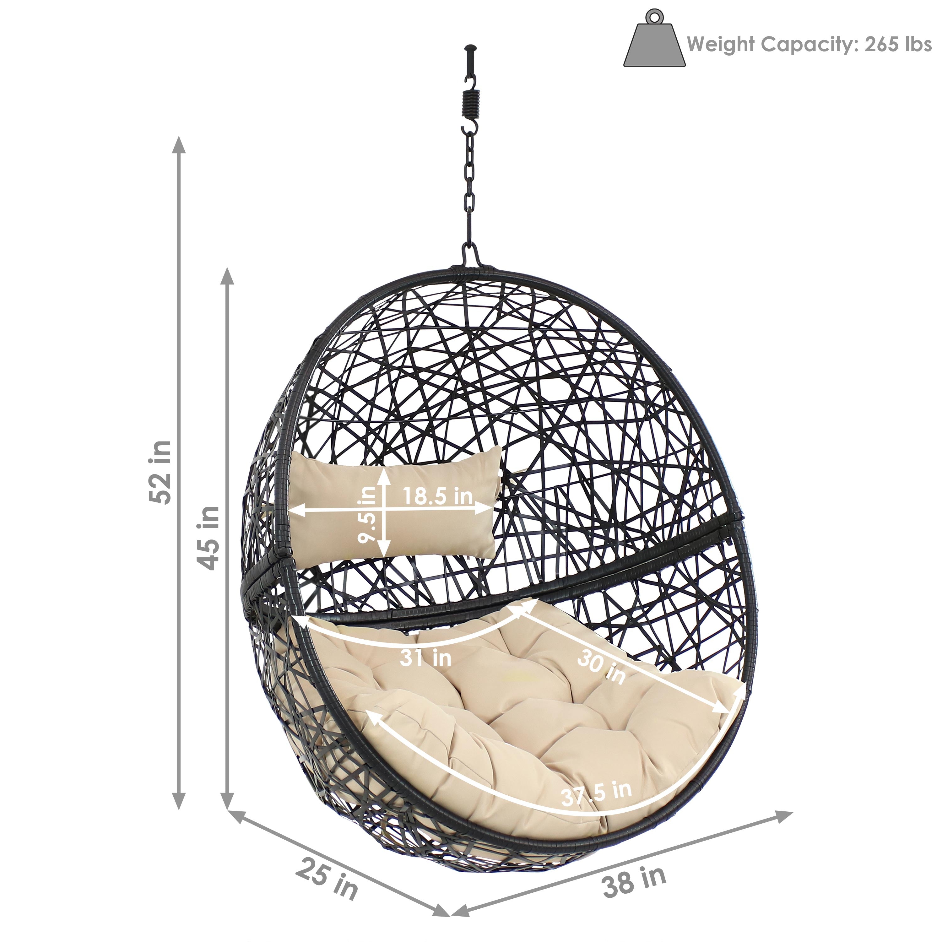 Sunnydaze Jackson Outdoor Hanging Resin Wicker Egg Chair with Cushion - Patio, Garden, Porch Swing Chair for Relaxing & Lounging