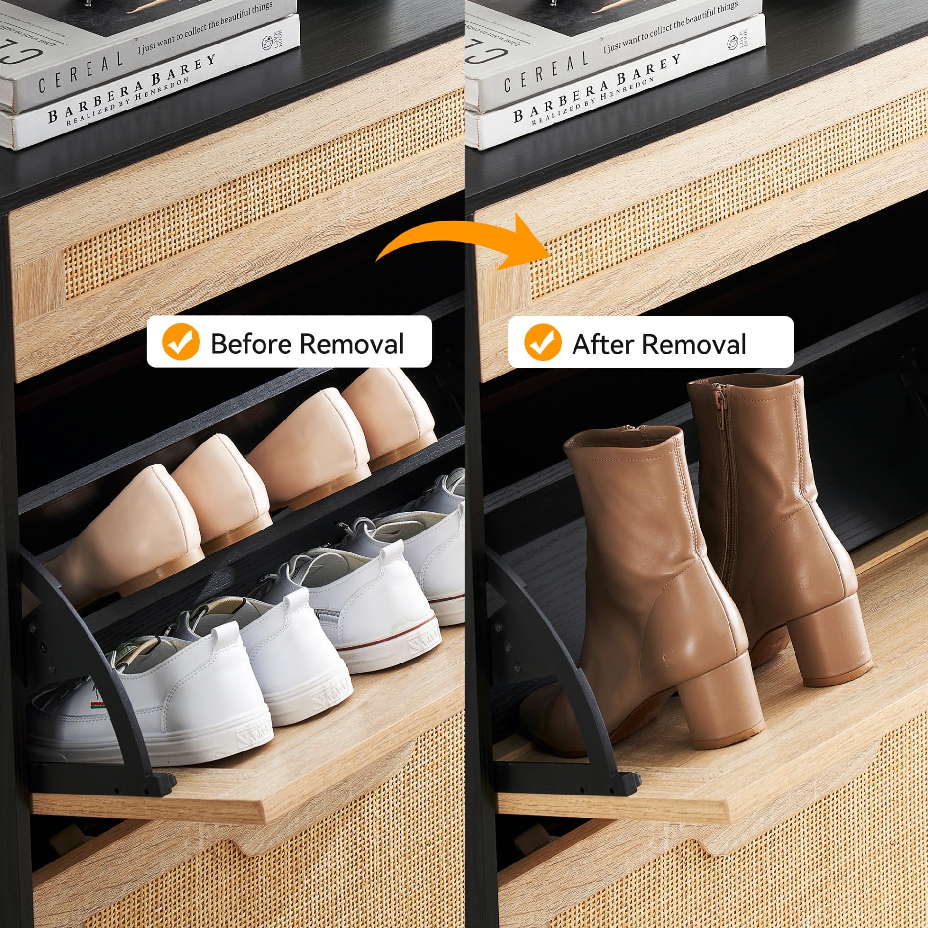 IDEALHOUSE Natural Rattan 2-Door Flip Shoe Cabinet with Drawer - 3-Tier Adjustable Shelf Shoe Storage Organizer for Entryway, Hallway & Closet - Modern Freestanding Shoe Rack for Home & Office Organization