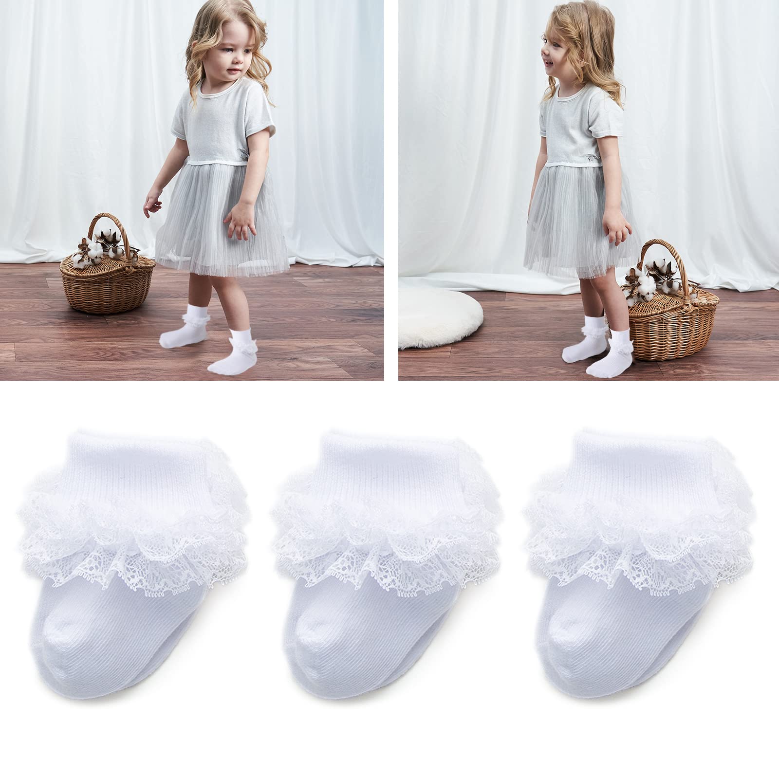 Baby Girl Socks with Eyelet Triple Lace Ruffles - 2/3/5 Pairs Ankle Dress Socks for Newborn Infant Toddler | Perfect for Special Occasions, Photo Shoots & Everyday Wear