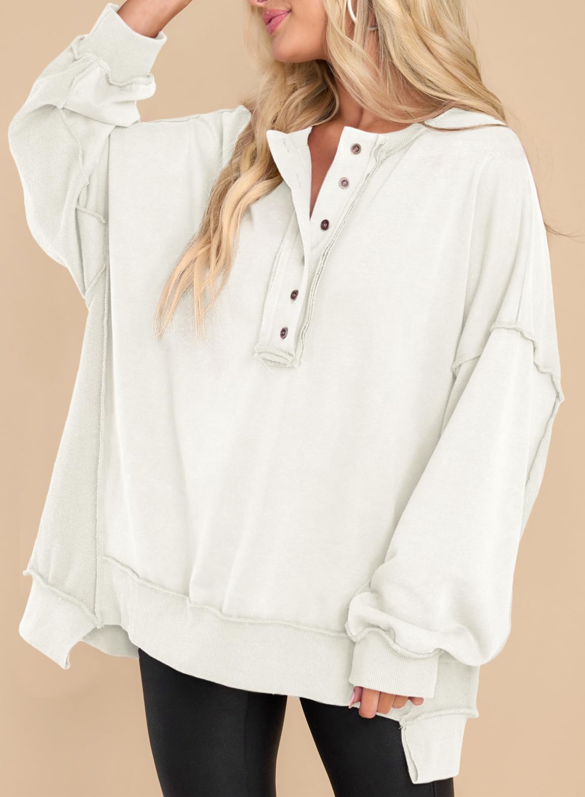 AlvaQ Women's Oversized Sweatshirt - Casual Long Sleeve Button Down Henley Neck Pullover Tunic Top for Women | Perfect for Lounge Wear, Fall Outfits & Casual Street Style