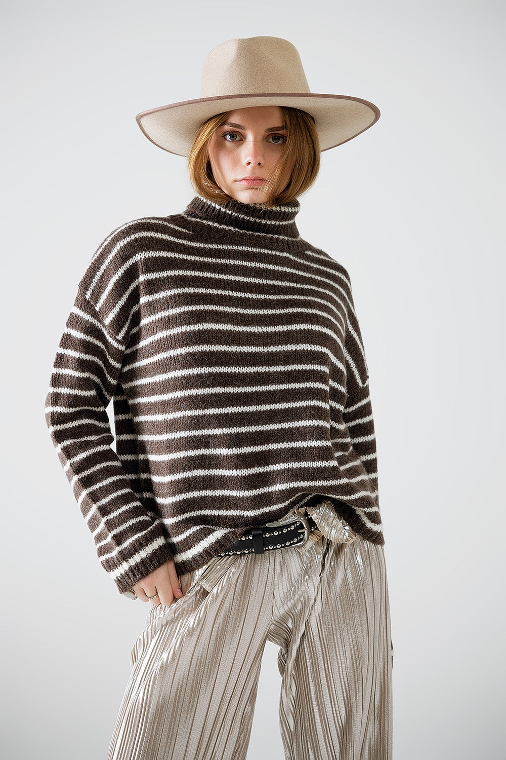 Brown Striped Roll Neck Soft Knit Pullover Sweater for Women - Cozy Winter Wear & Casual Outfits