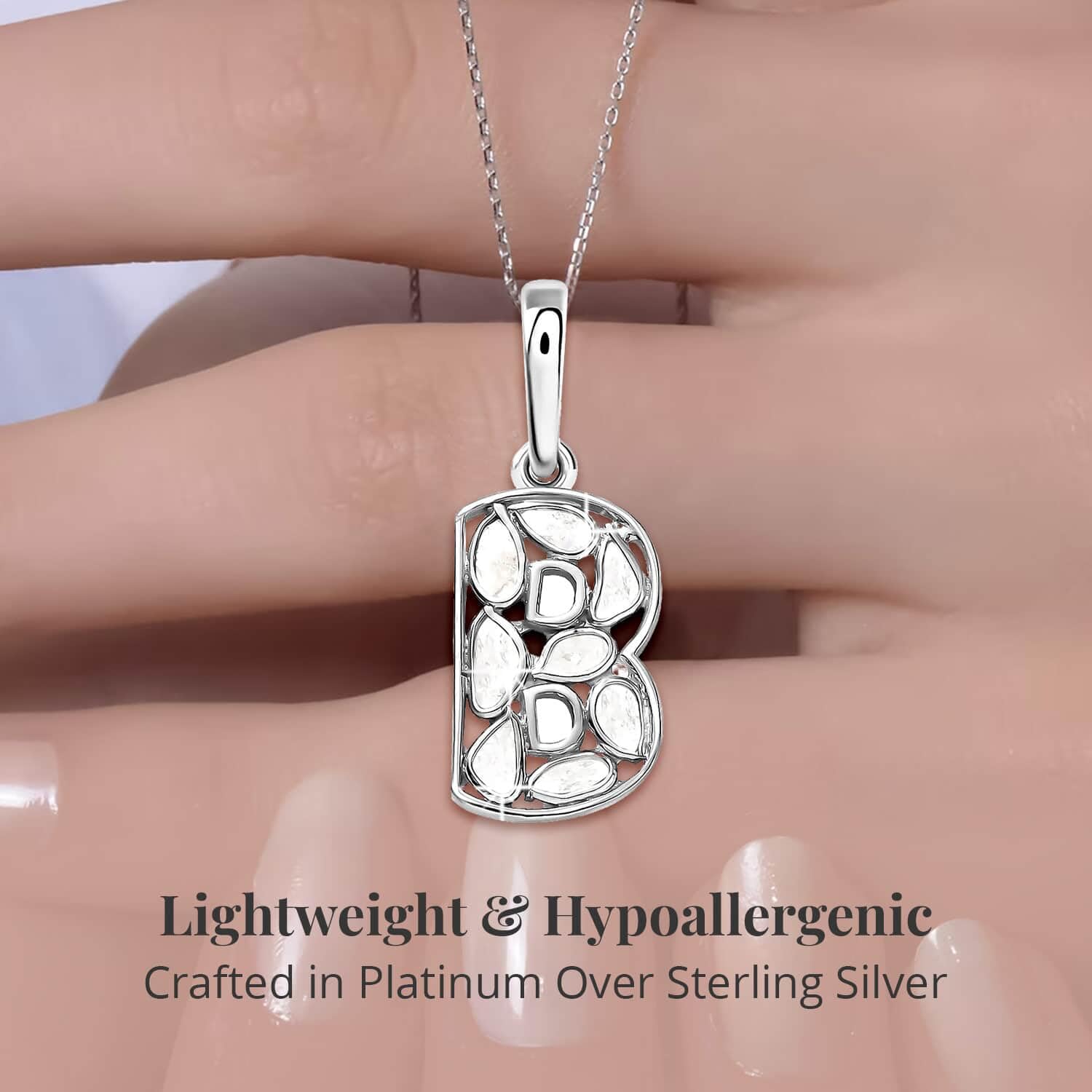 925 Sterling Silver Polki Diamond Initial Necklace for Women - Platinum Plated, 20