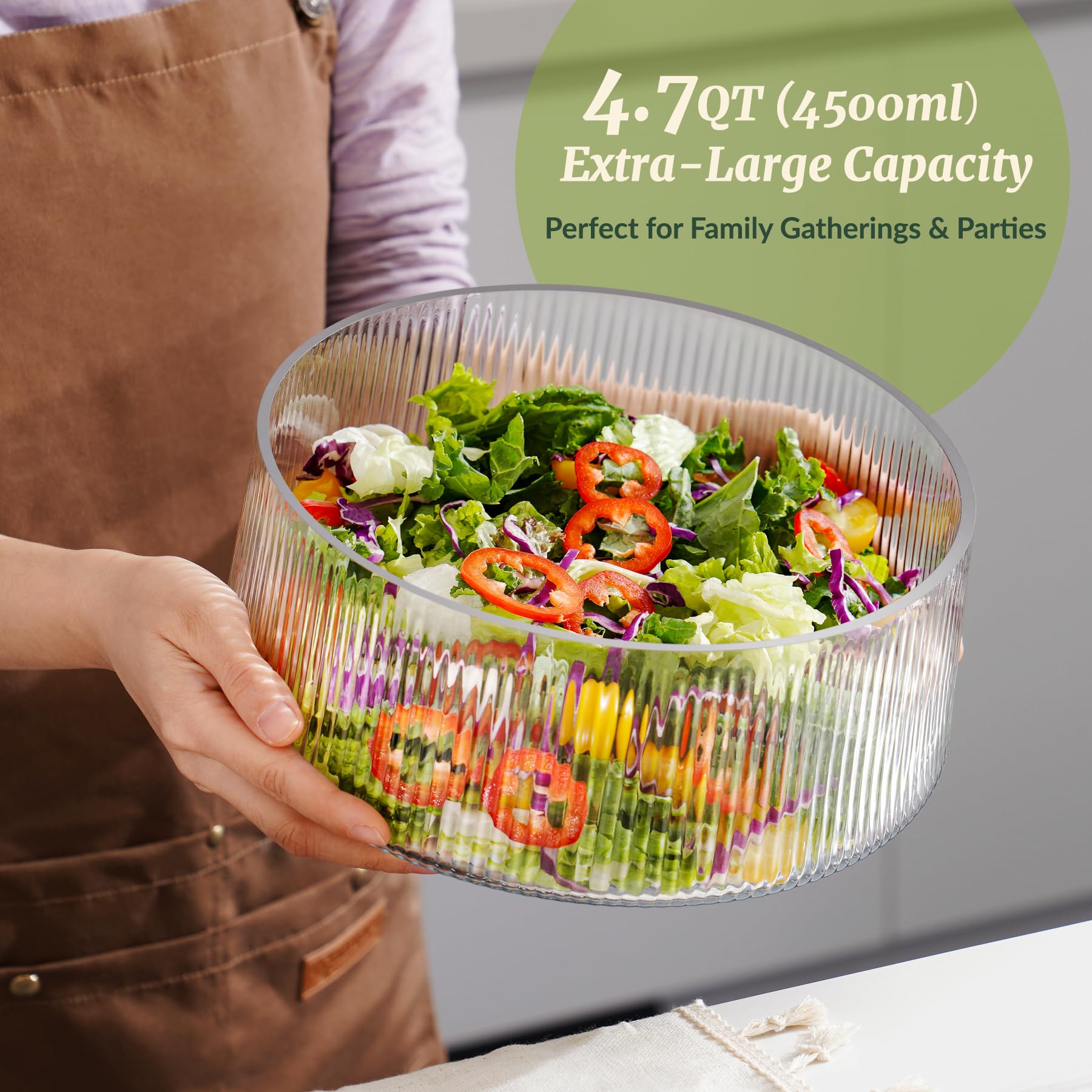 NiHome Large Glass Salad Bowl with Wood Base - Perfect for Family Dinners & Parties