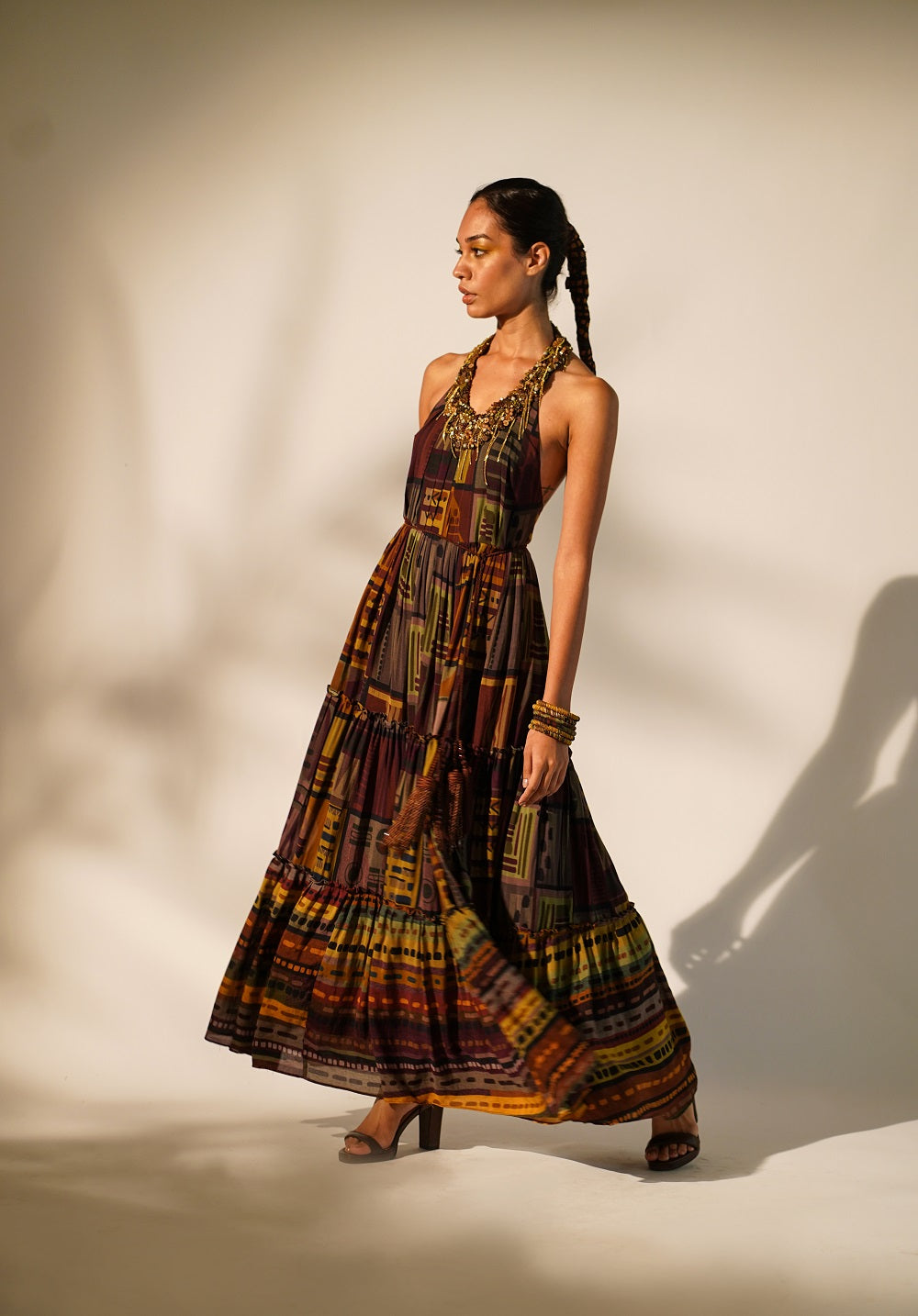 Stylish Multicolor Abstract Print Maxi Dress with Hand Baroque Metallic Embellishment - Perfect for Evening Parties, Weddings & Special Occasions
