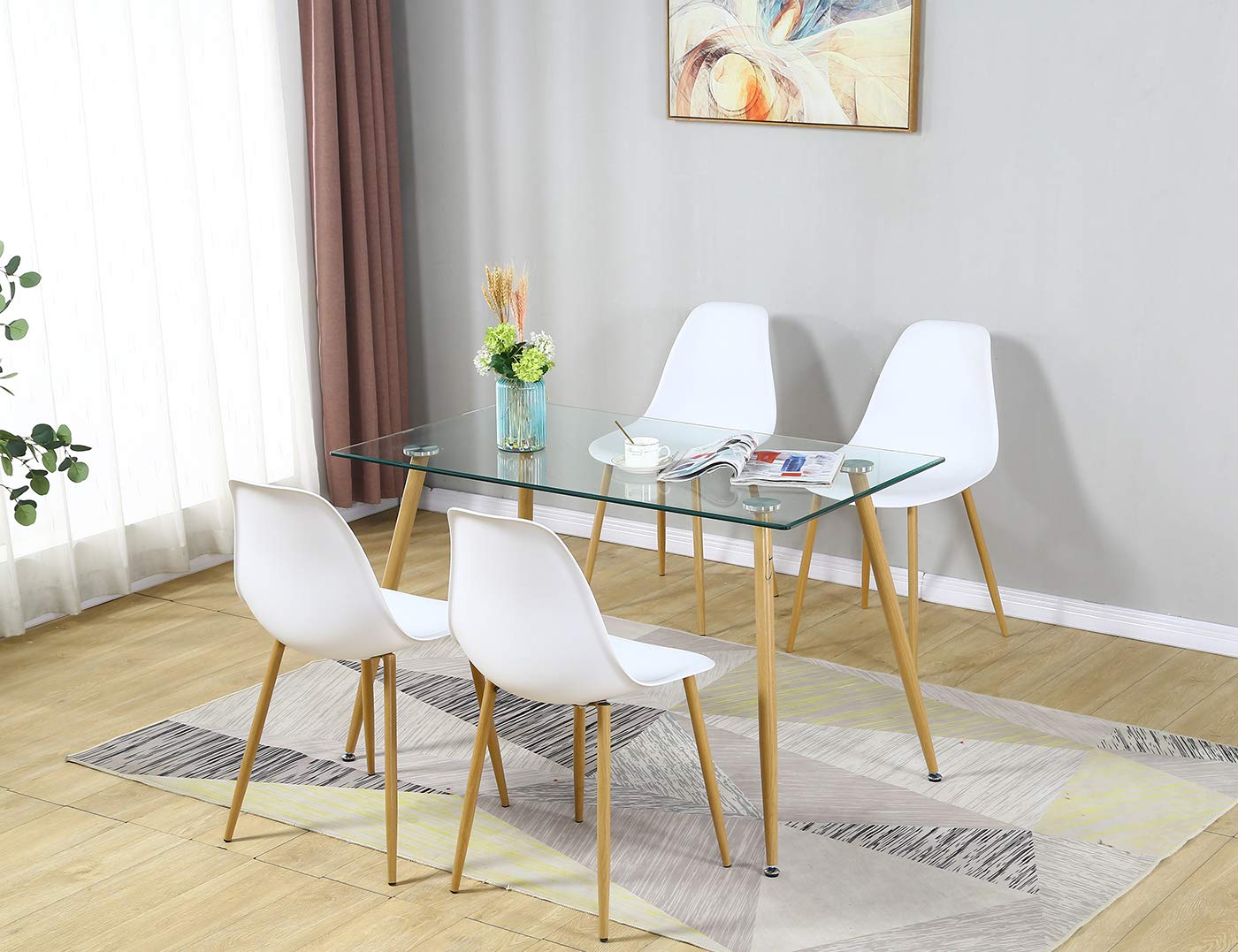 5-Piece Modern Glass Dining Table Set for 4 - Rectangle Table with 4 White DSW Chairs & Metal Legs - Perfect for Dining Room, Kitchen, Breakfast Nook & Small Space Entertaining