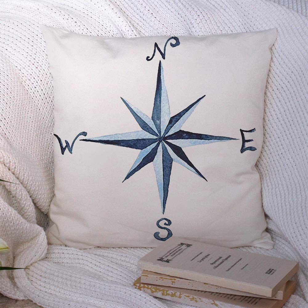**Nautical Compass Rose Throw Pillow Covers - 18x18 Inch Polyester Square Decorative Cushion for Sofa, Couch, Bed - Handpainted Watercolor World Map Design - Perfect for Travel, Kids Room, Coastal & Boho Home Decor**