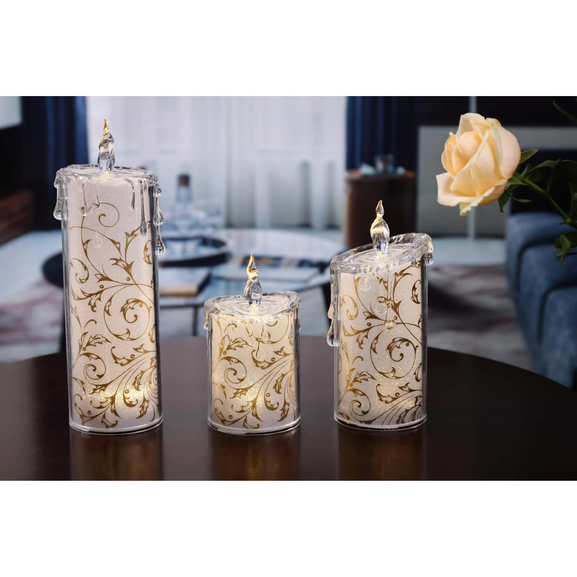 LED Lighted Glitter Swirly Leaf Candles - Set of 6 Gold & White 9.5
