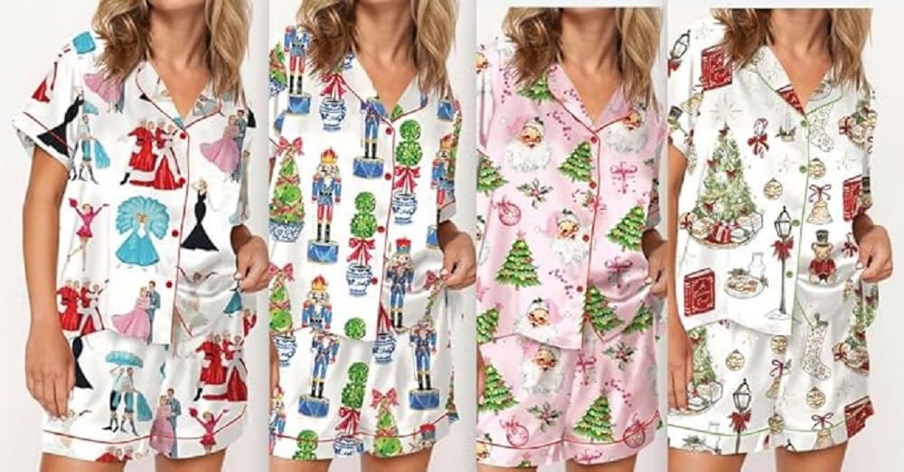 Juakoso Women's Christmas Pajama Set - Trendy Holiday Print Button Down Lounge Wear - Soft Silk Satin 2 Piece Sleepwear - Y2K Style Pajamas for Cozy Nights & Festive Family Gatherings