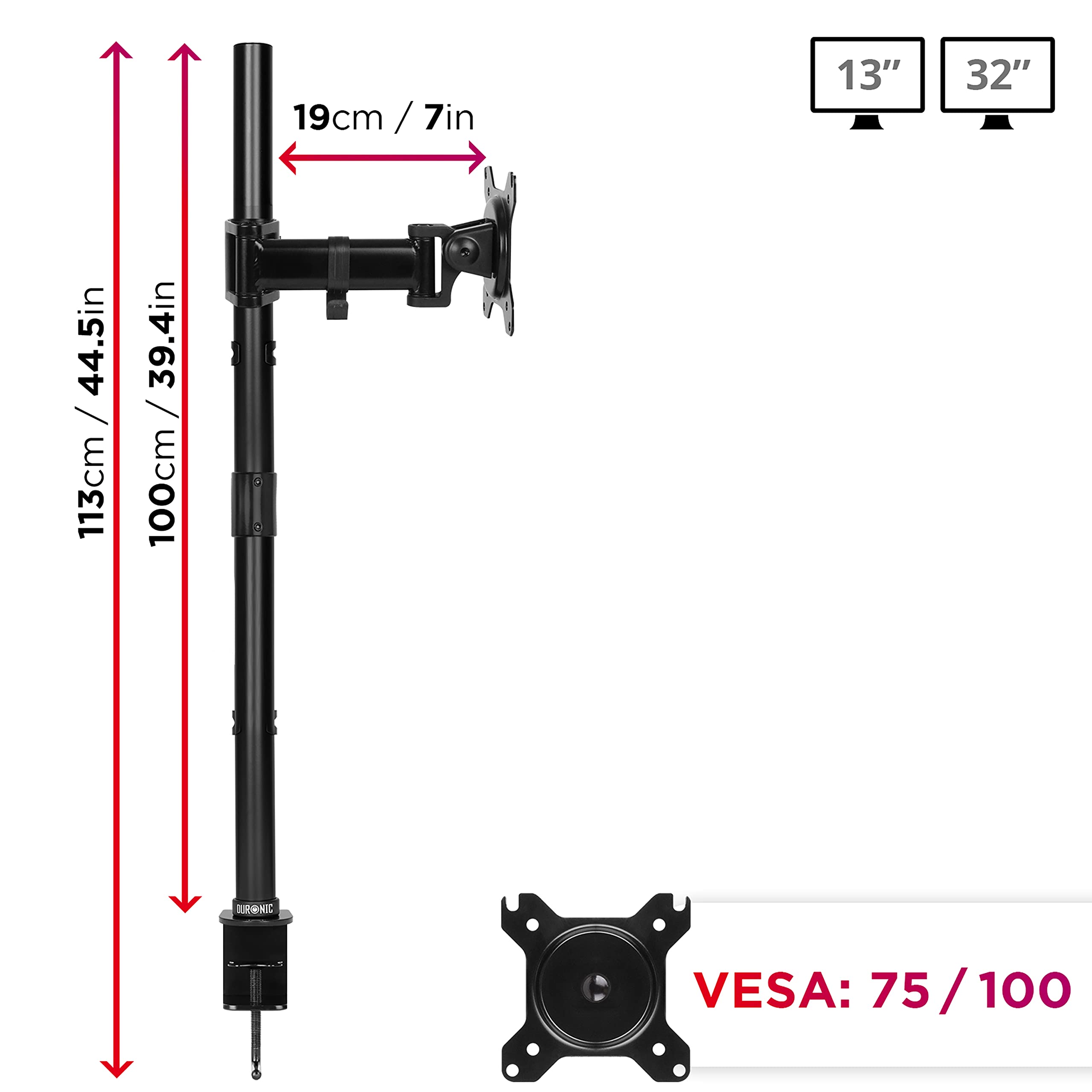 Duronic Single Monitor Arm DMT251X2 - Adjustable Height Monitor Stand with 100cm Pole & C-Clamp | Fits 13-27