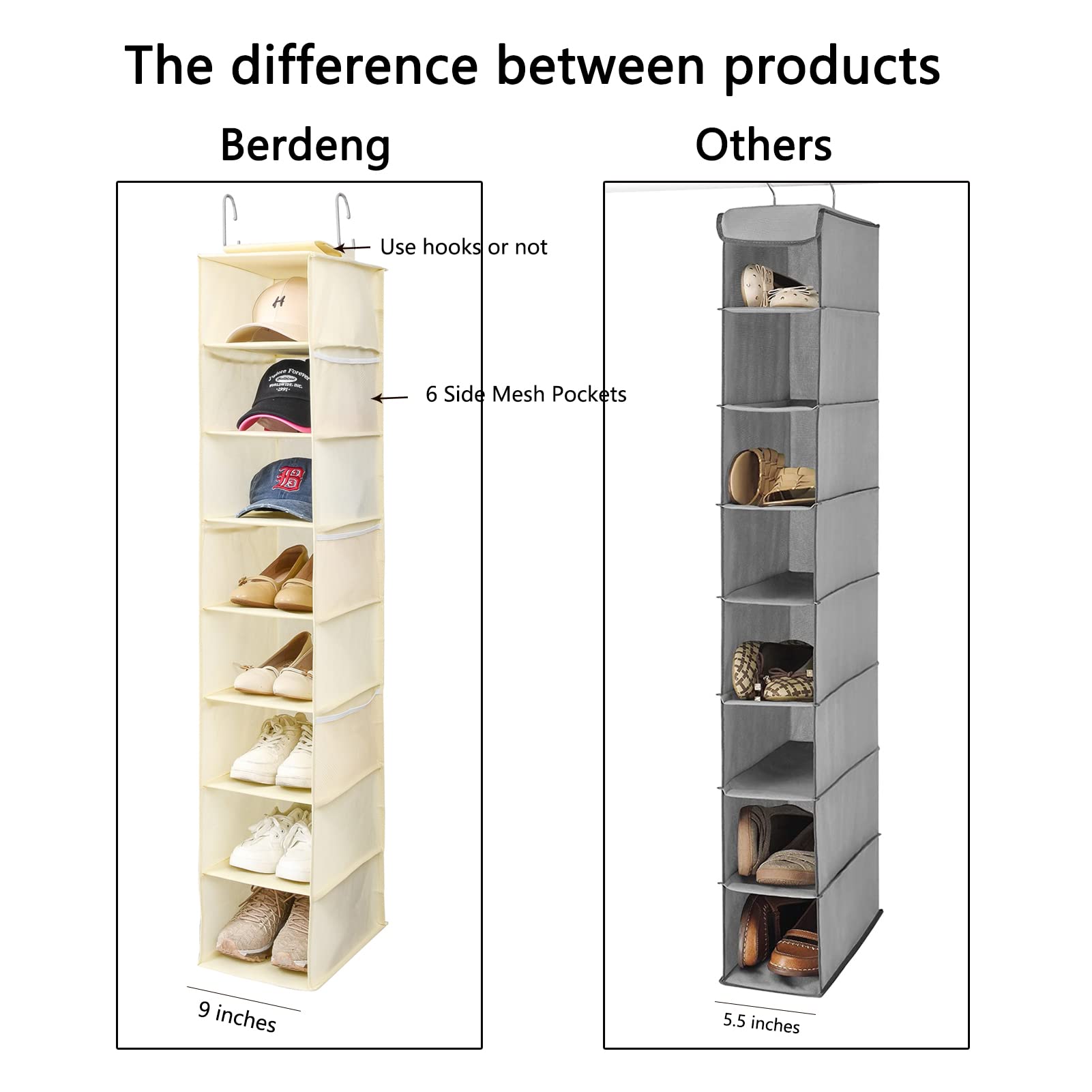 Hanging Shoe Organizer for Closet with Side Mesh Pockets - 8-Shelf Beige Shoe & Hat Storage Holder - Perfect for Baseball Caps, Sneakers & Accessories - Space-Saving Closet Organizer (1 Pack)