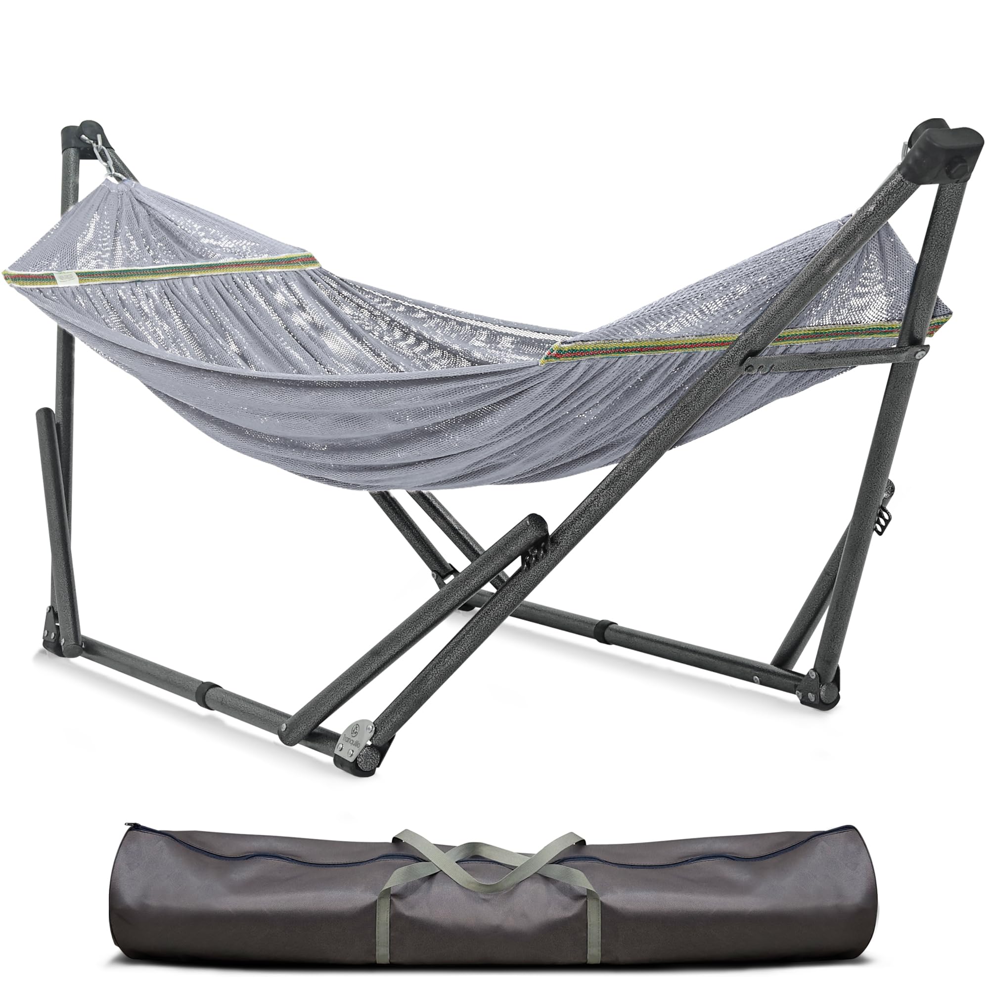 Tranquillo Uniki Portable Hammock with Stand - 550 lbs Capacity, Instant 30s Setup, No Screws Needed Foldable Design - Includes Premium Carry Bag & 3-Year Warranty (Grey) - Perfect for Camping, Backyard Relaxation & Beach Vacations