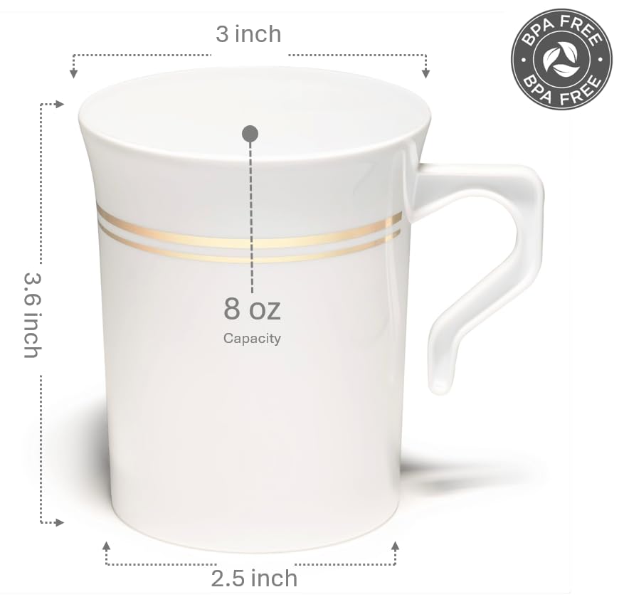 240-Pack Heavyweight Disposable Plastic Coffee Cups - 8 oz White & Gold Rim Wedding Party Mugs for Tea, Cappuccino & Espresso - Durable Handle Design for Catering, Events & Home Entertaining