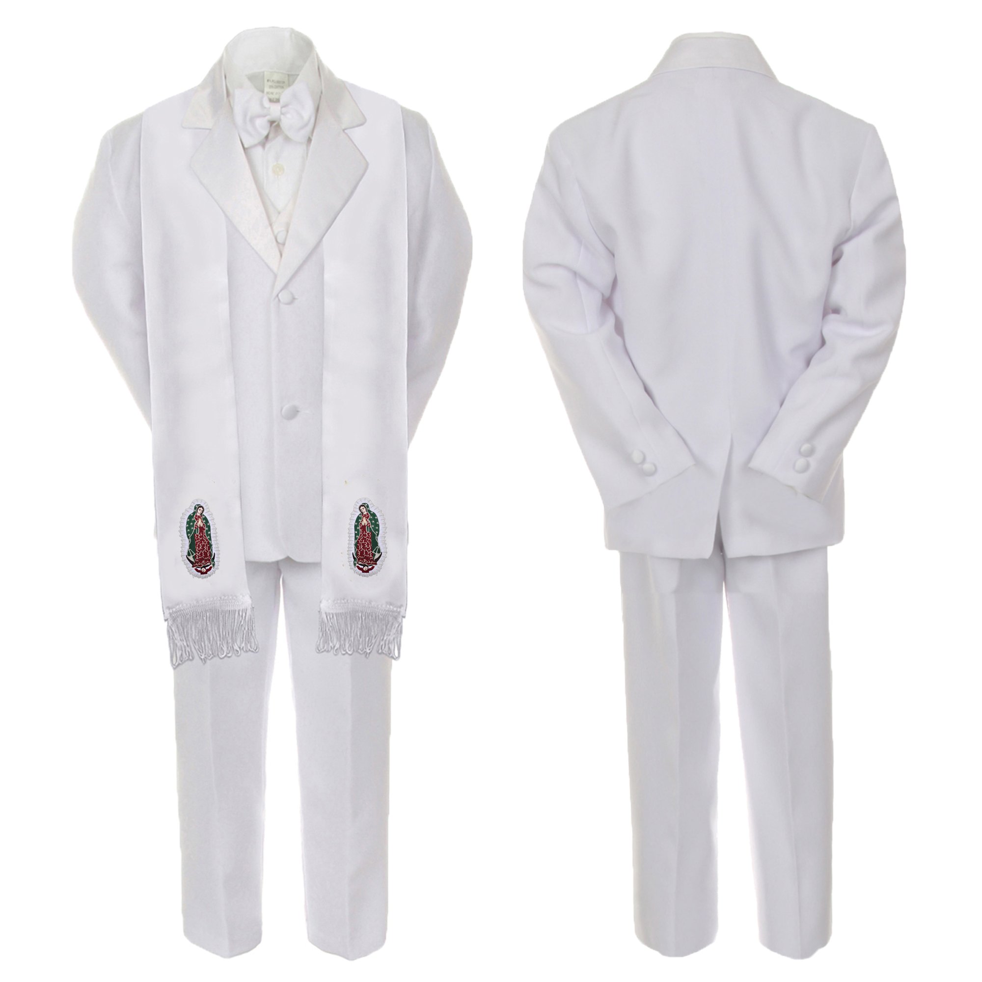 Newborn Baby Boy Baptism Outfit - White Notch Lapel Suit with Silver Guadalupe Stole SM-20 | Christening Ceremony & First Communion Attire