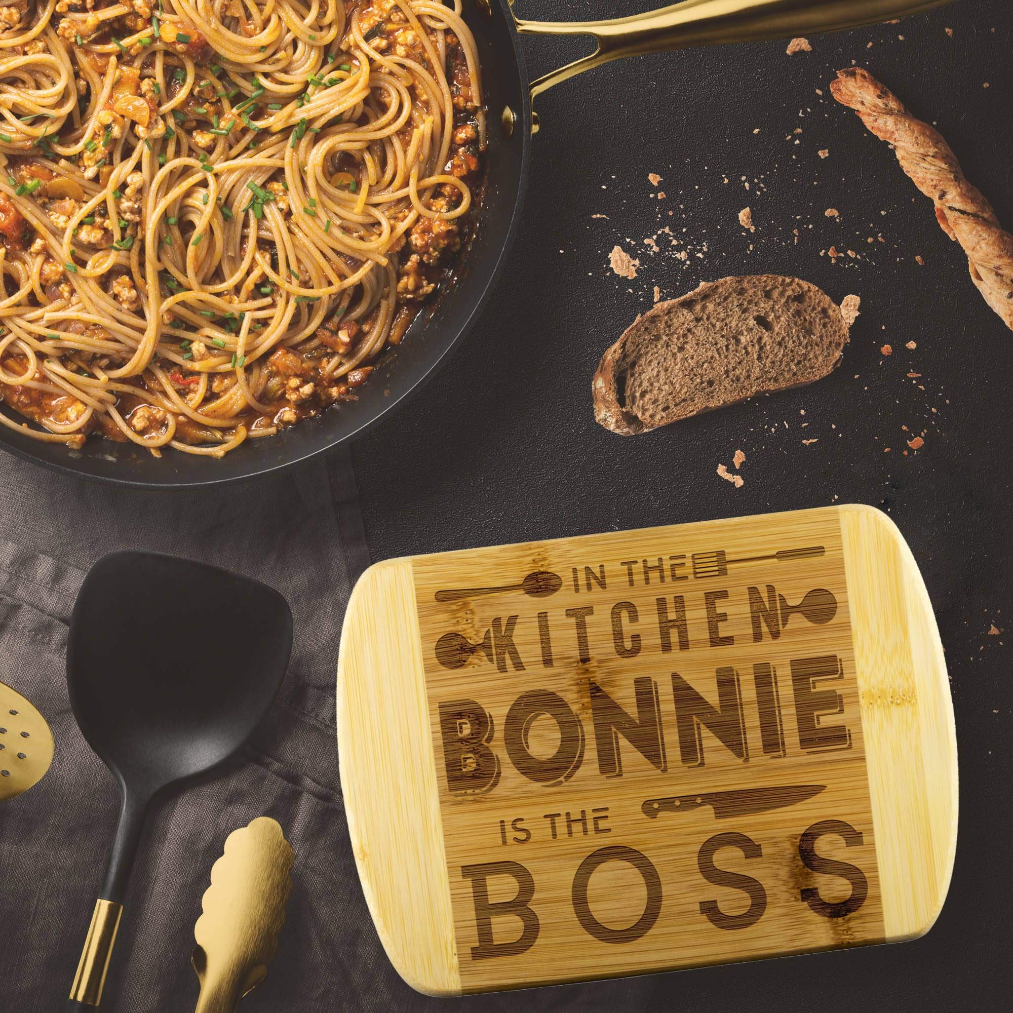 Funny Kitchen Cutting Board - Unique Mothers Day Gift, Bamboo Engraved 'Bonnie Is The Boss' Board, Perfect for Cooking, Baking, and Home Decor