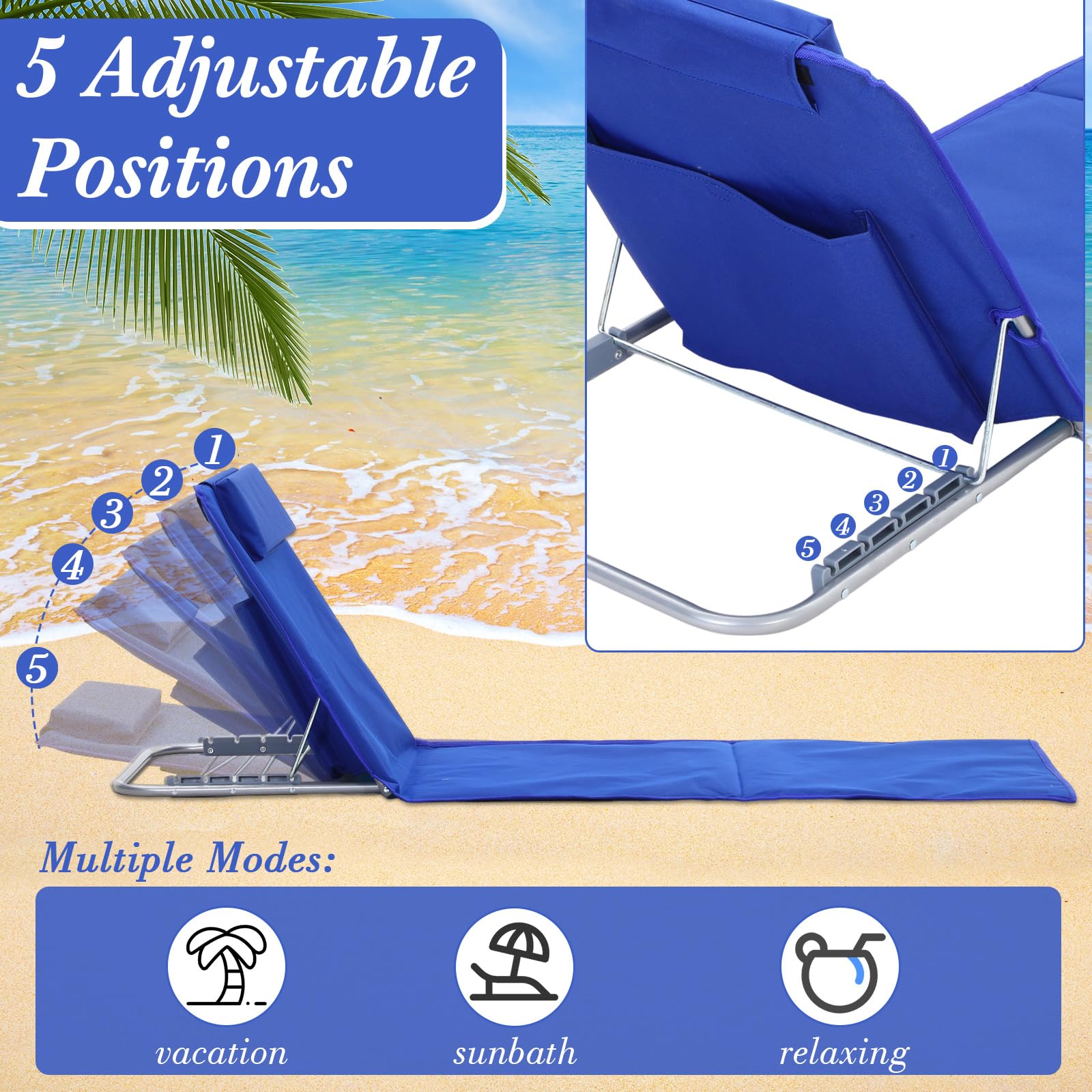 4 Pack Portable Beach Lounge Chairs with 2 Folding Side Tables - 5-Position Adjustable Lightweight Sunbathing Chaise for Outdoor, Yard, Lawn & Camping (Deep Blue) - Perfect for Poolside Relaxation, Backyard Lounging and Beach Vacations
