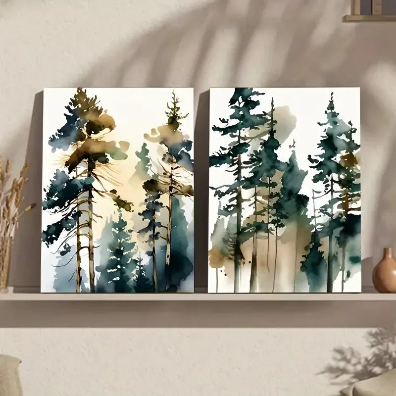2-Piece Pine Trees Misty Forest Oil Painting Set - Framed 50x75cm High-Quality Canvas Print | Australian Made Wall Art | Ready to Hang | Perfect for Living Room, Bedroom & Office Decor