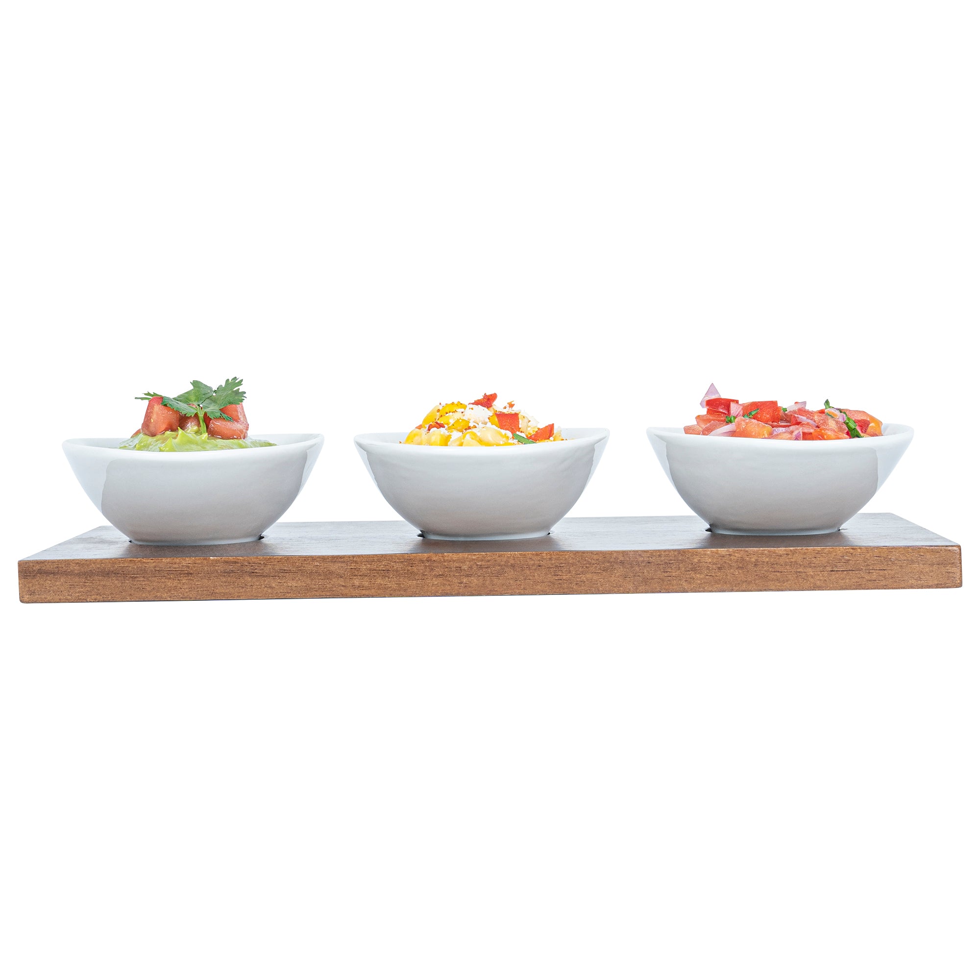 Premium 9 oz White Porcelain Rectangular Ellipse Bowls Set of 3 with Bamboo Tray - 10.25