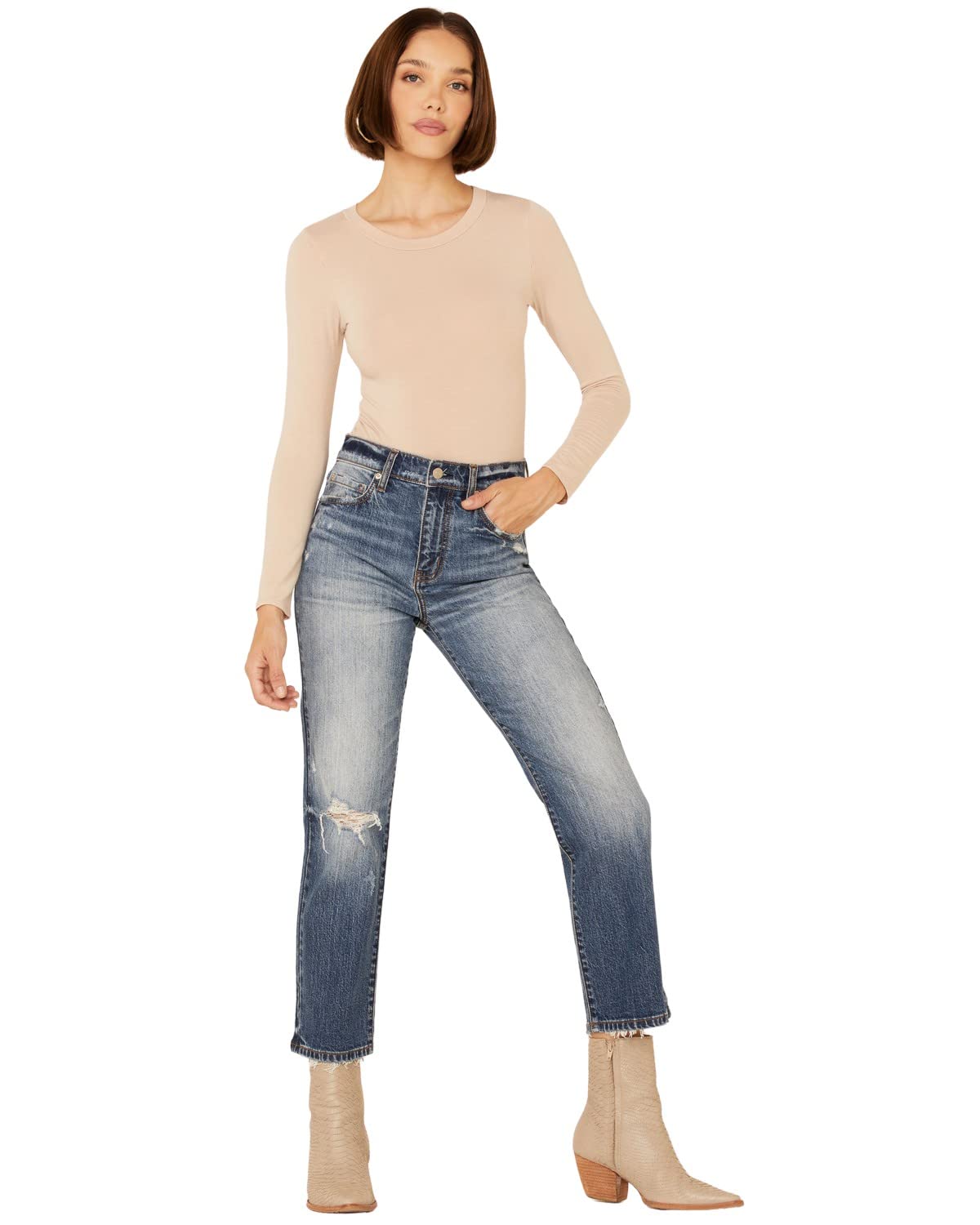 Daze Women's Medium Wash Slim Straight Leg Ankle Jeans - Comfortable Stretch Denim Pants for Casual Wear, Work & Everyday Outfits