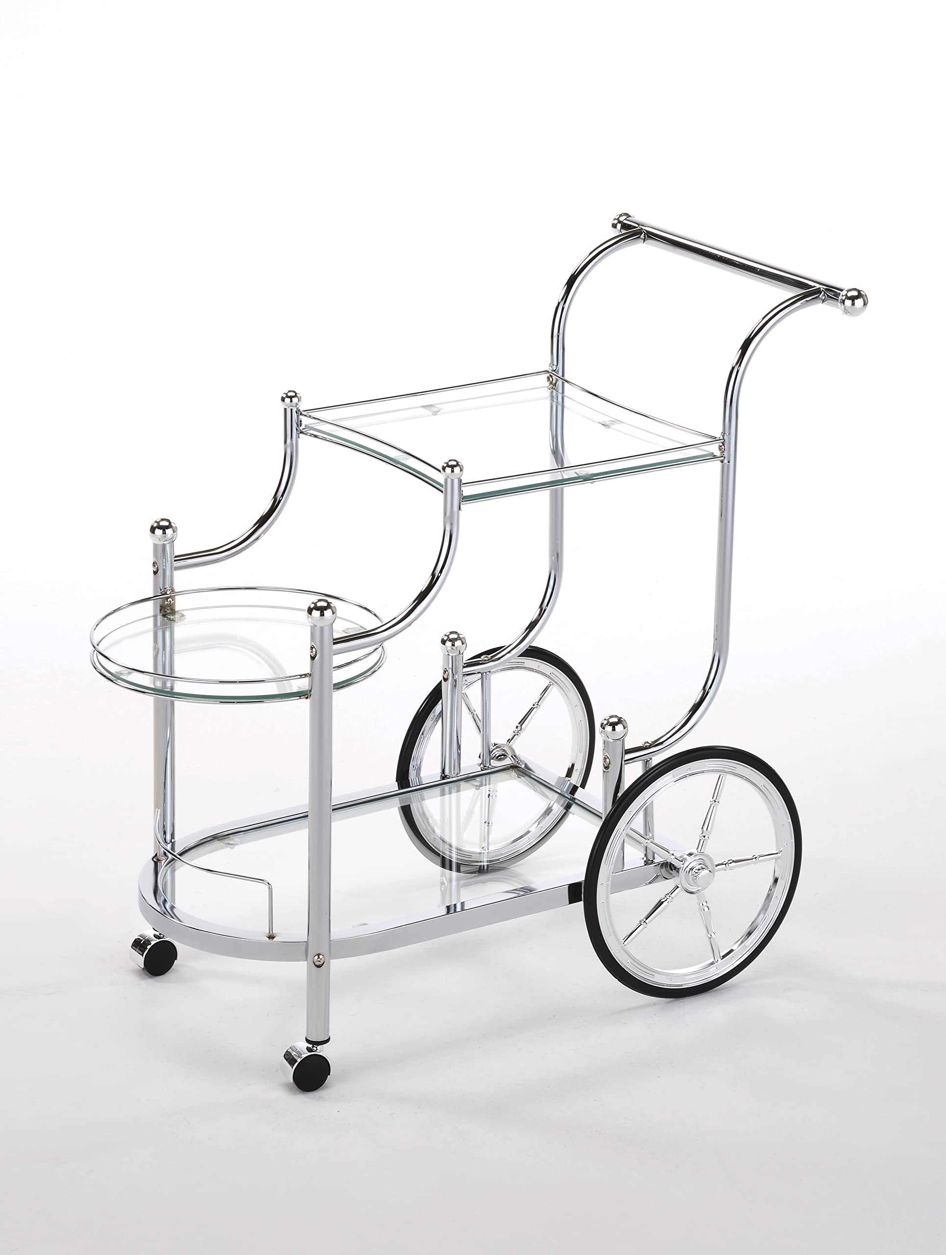 RAAMZO 3-Tier Chrome Metal Bar Cart with Tempered Glass Shelves - Mobile Serving Cart with 4 Wheels & Wine Bottle Holder - Perfect for Home Bar, Kitchen, Living Room & Outdoor Entertaining