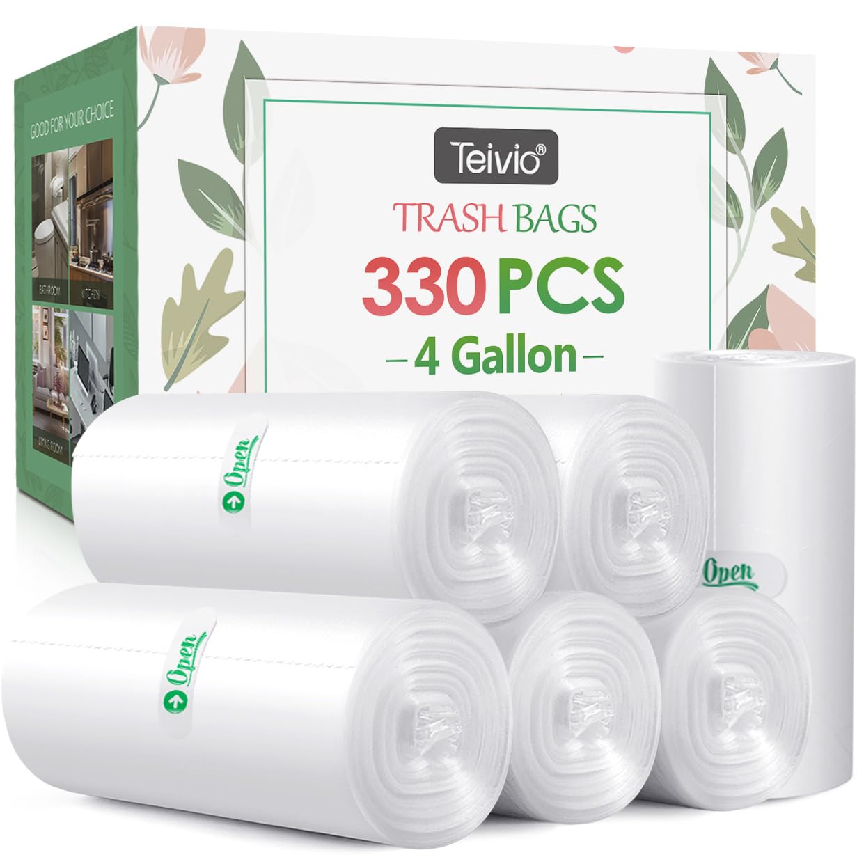 Teivio 4 Gallon 330 Counts Heavy Duty Trash Bags - Clear Small Garbage Bags for Bathroom, Kitchen, Office & Home Use | Durable Plastic Bin Liners for Waste Disposal & Cleaning