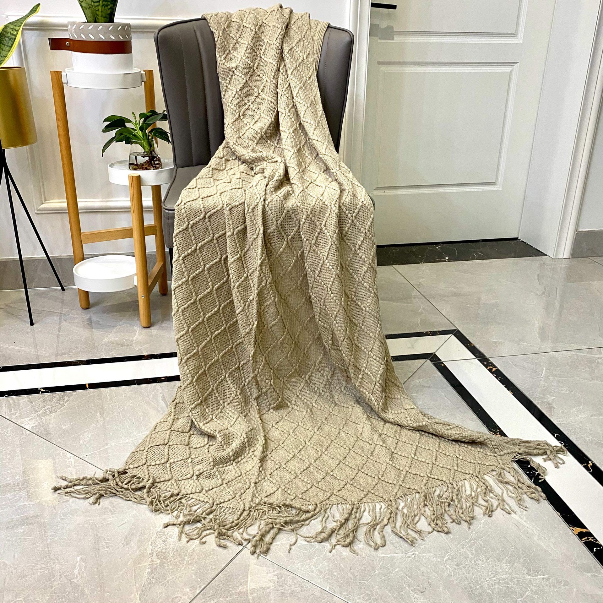 Soft Knitted Sofa Blanket Cover - Cozy Bed Blanket for Air Conditioning, Tassel Nap Throw (Khaki) | Perfect for Living Room, Bedroom & Travel