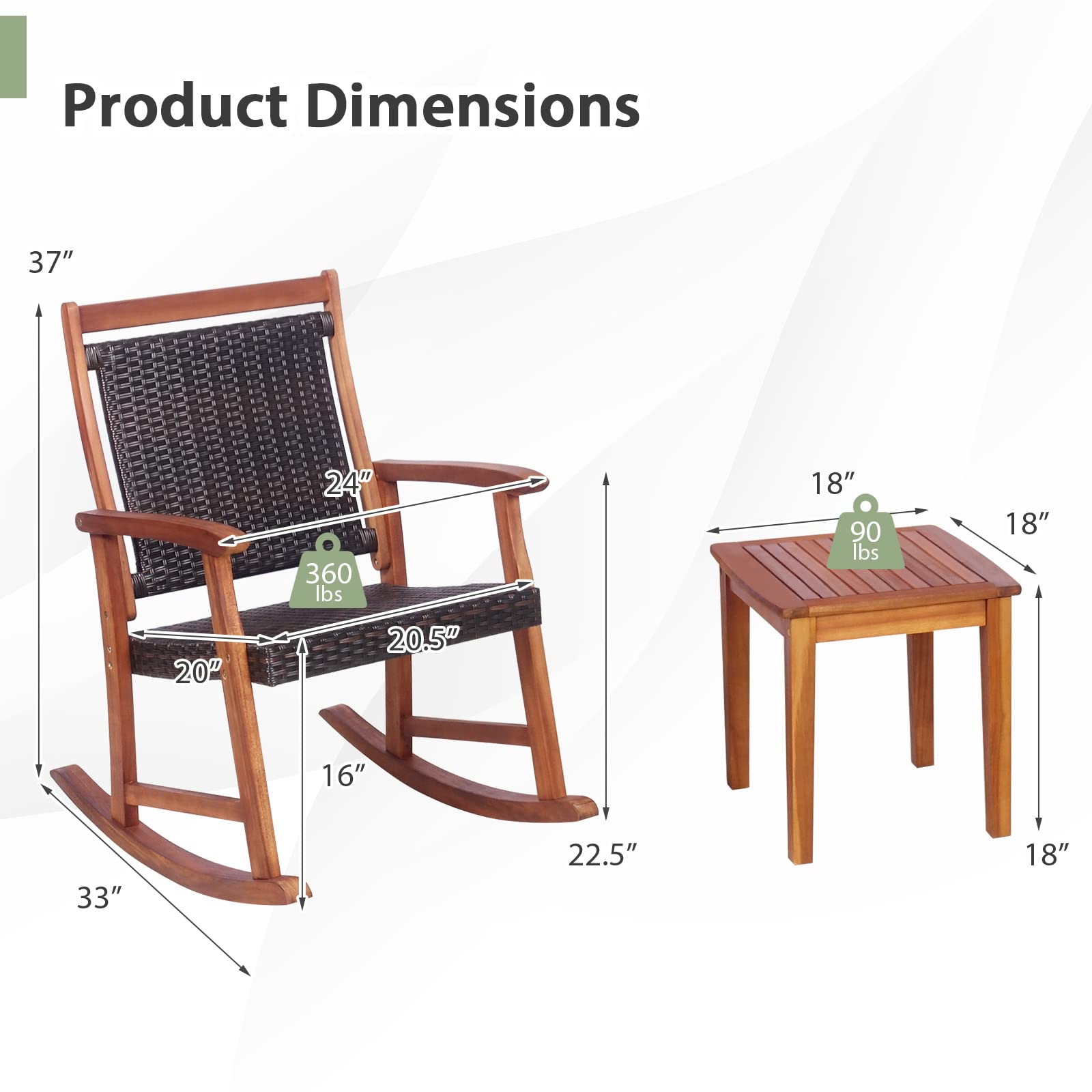 HAPPYGRILL 3-Piece Acacia Wood Rocking Bistro Set with Rattan Wicker Coffee Table - Patio Rocking Chairs & Conversation Set for Garden, Porch, Backyard - Perfect for Outdoor Relaxation & Entertaining