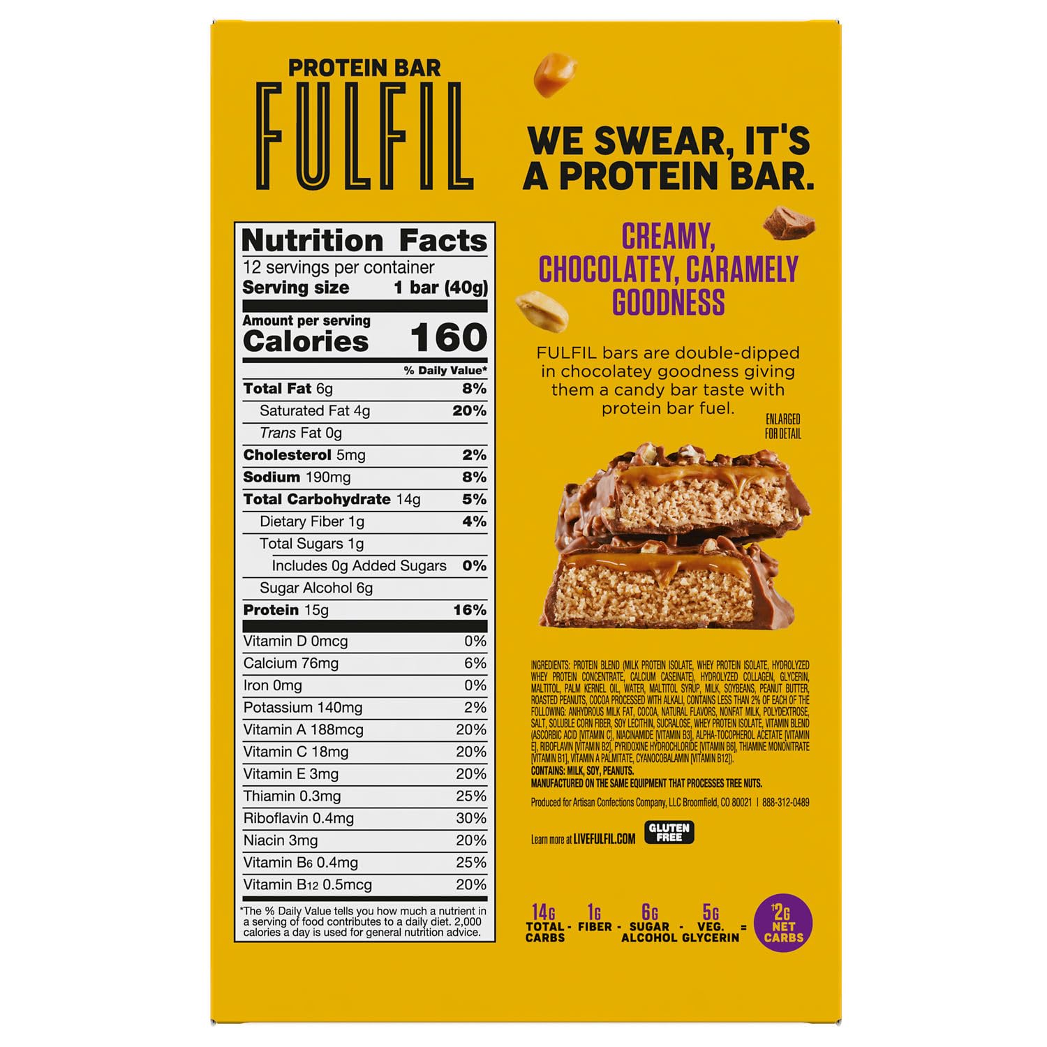 FULFIL High Protein Snack Bars - Chocolate Peanut Caramel Flavor, 15g Protein per Bar, Gluten Free, Keto Friendly (Pack of 12) | Perfect for Workout Recovery, Office Snacks & On-the-Go Energy Boost