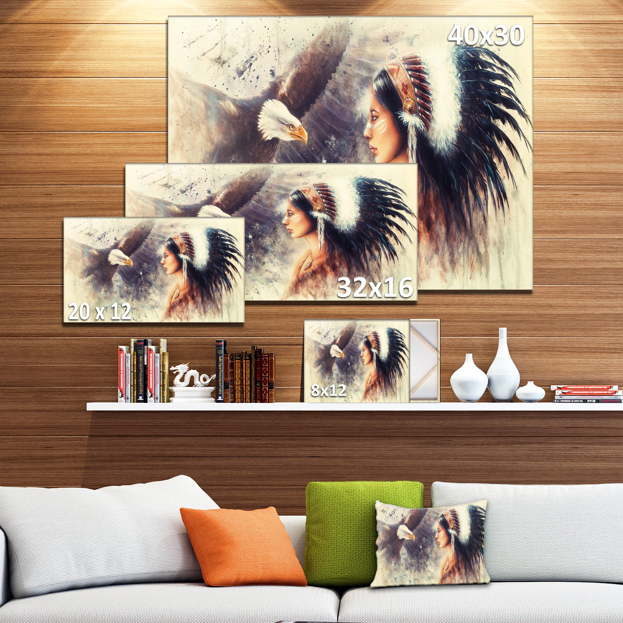 Indian Woman and Eagle Portrait Canvas Art Print - Stunning Wall Decor for Living Room, Bedroom & Office | Handmade Tribal Artwork